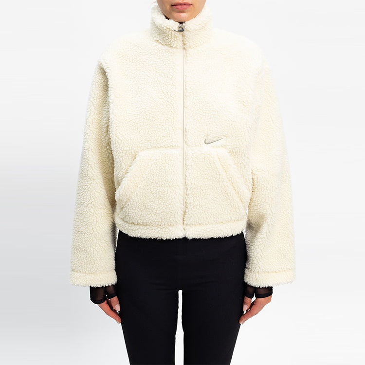 (WMNS) Nike Logo Fleece Stand Collar Stay Warm Short Jacket White CU6639-238 - 3