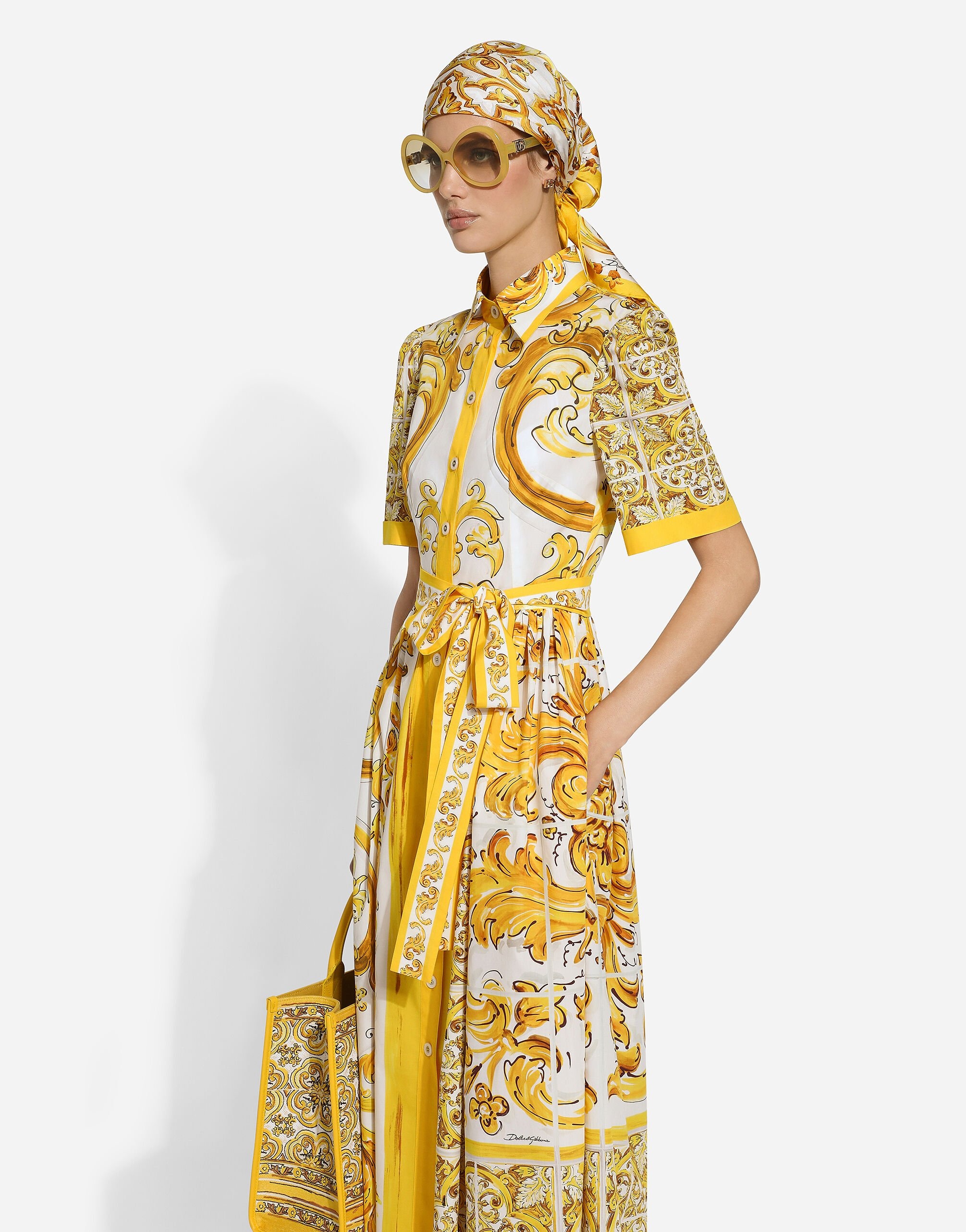 Dolce&Gabbana★素敵！Brocade Print Poplin Midi Shirtdress Dolce & Gabbana Cotton poplin midi shirt dress with majolica