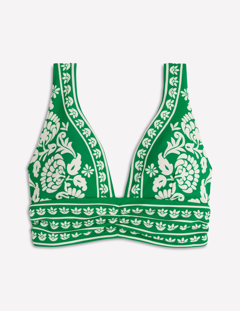 Mykonos Deep V Bikini Top-Rich emerald, ornate floret - 1