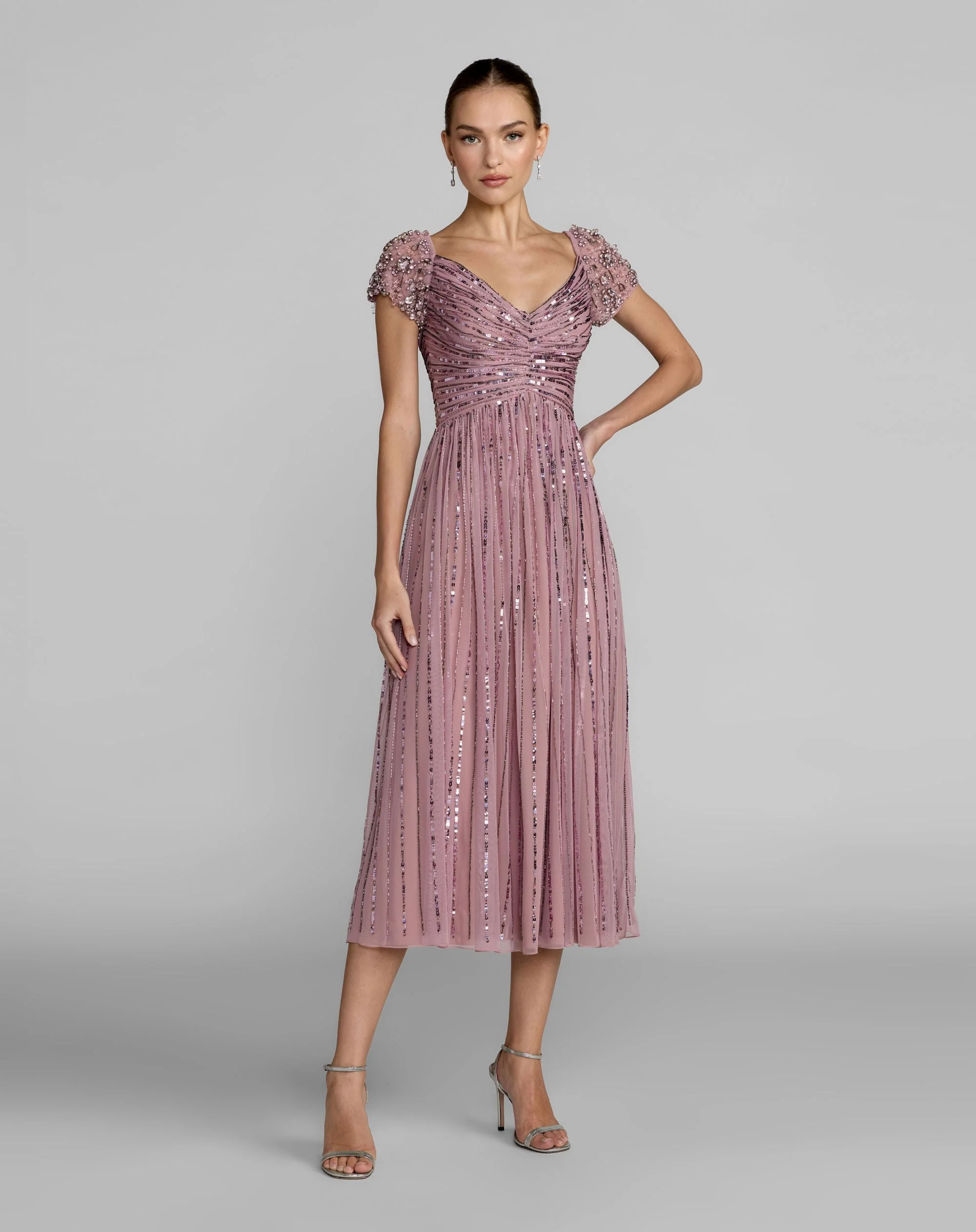 Purple Embellished Cap Sleeve Midi Dress - 1