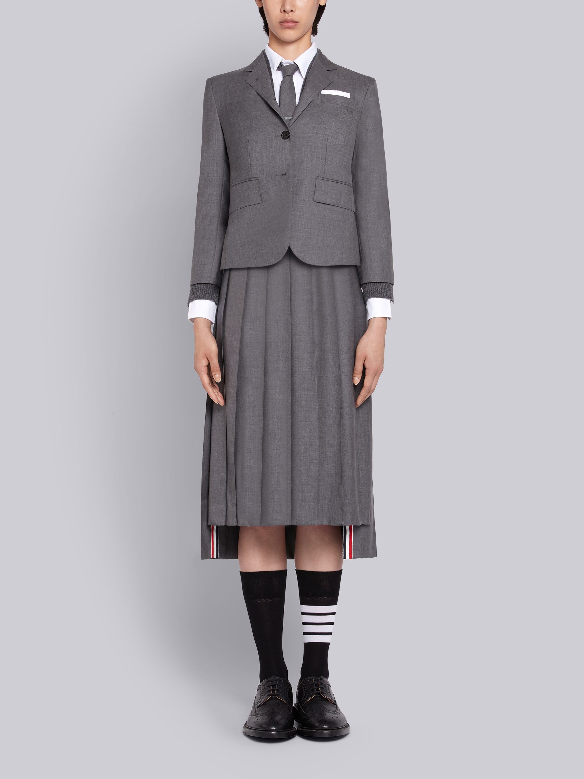 Medium Grey School Uniform Plain Weave Below-the-knee Pleated Skirt - 4