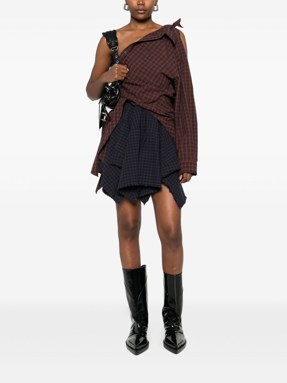 one-shoulder checked-pattern mini dress - 2