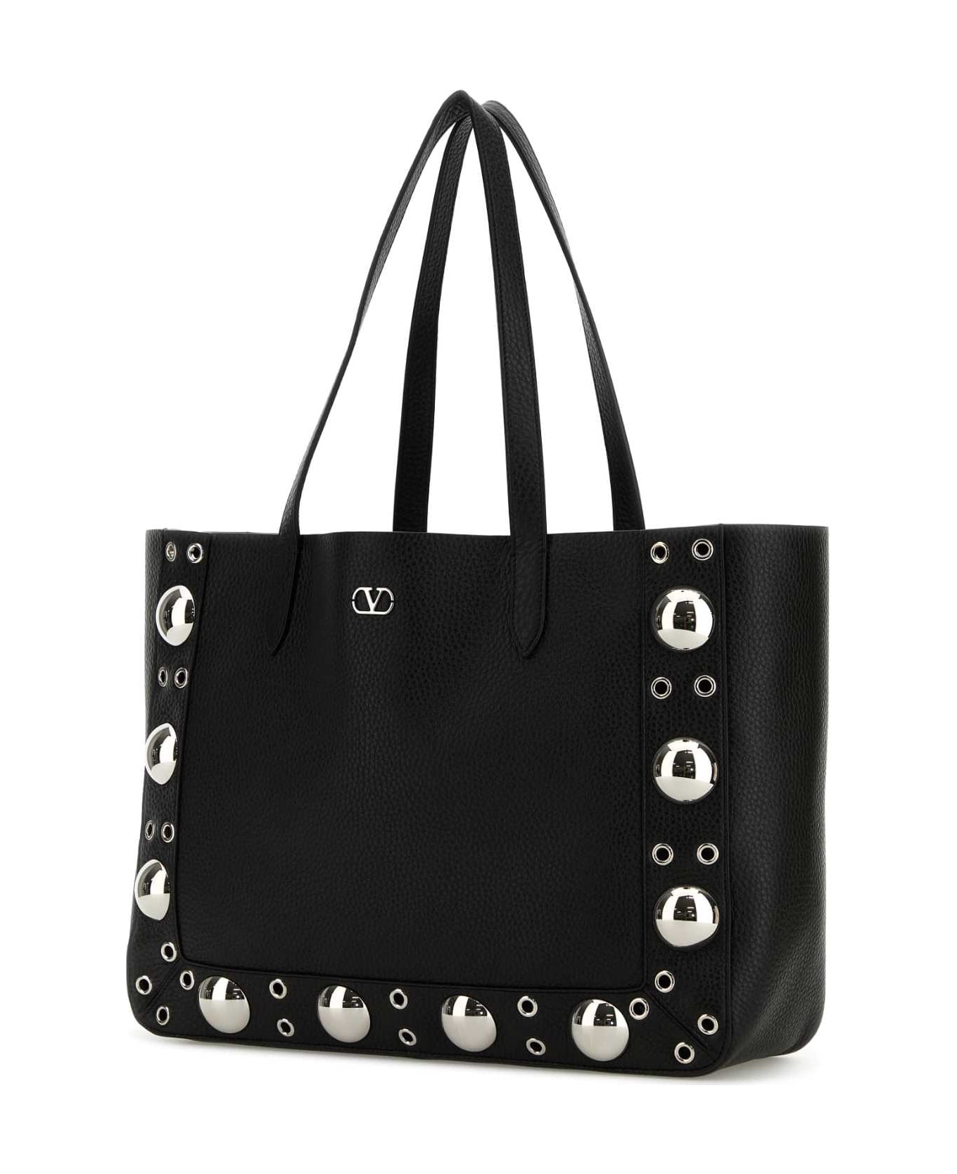 Black Leather Vlogo Signature Shopping Bag - 2