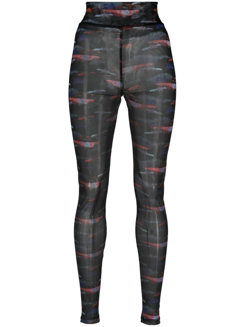 bird-print semi-sheer mesh leggings 1