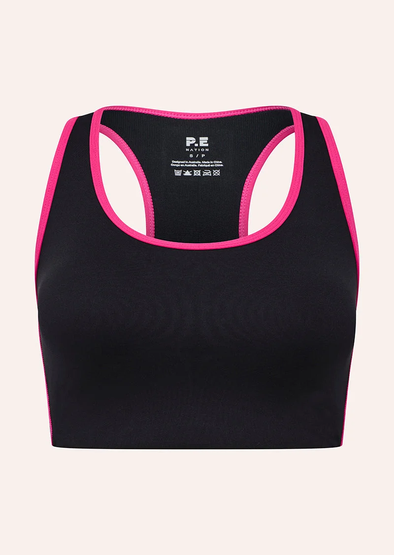 STELLAR SPORTS BRA IN BLACK & COSMO PINK - 1