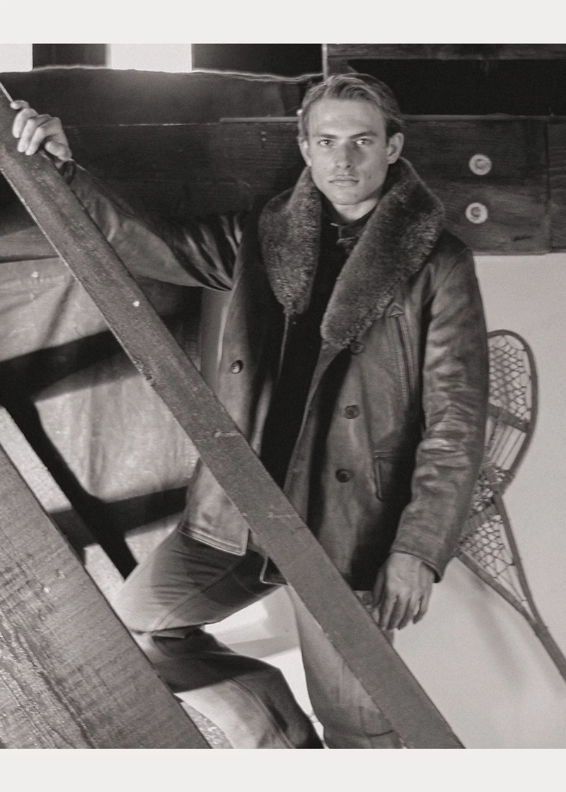 Shearling-Collar Leather Ranch Coat 7