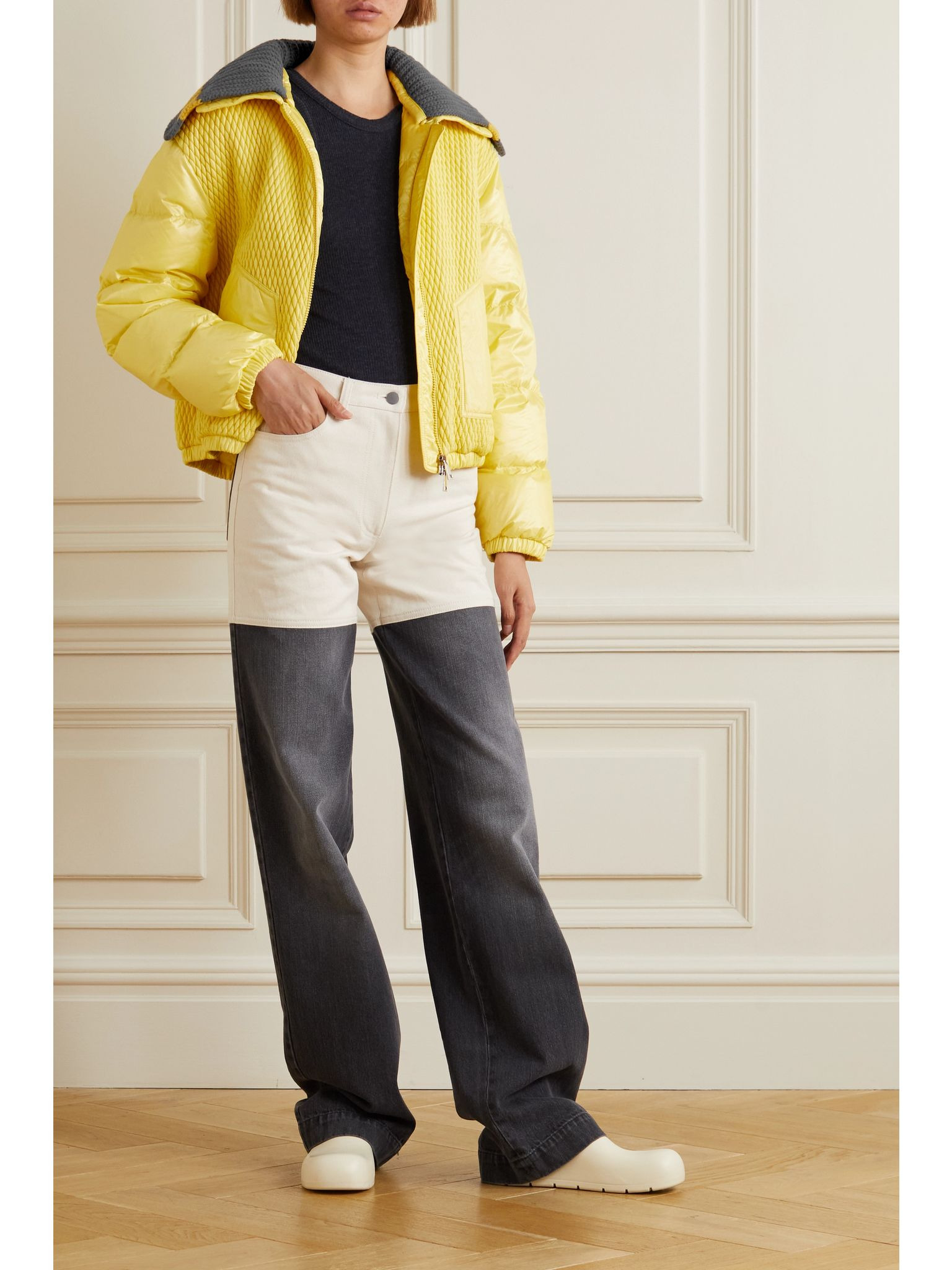 Apront cropped quilted shell down bomber jacket Yellow - 2