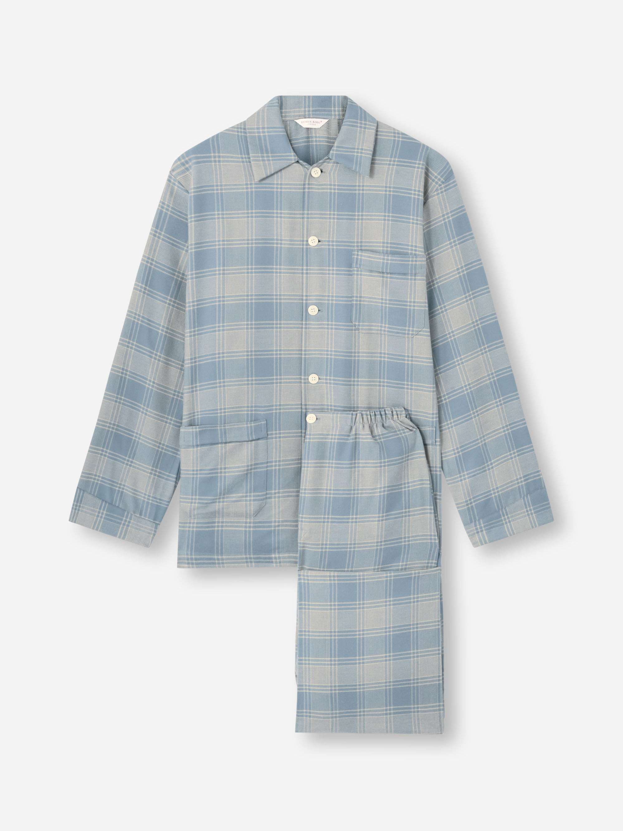 Men's Classic Fit Pajamas Kelburn Brushed Cotton Storm Blue & Ecru Check - 2