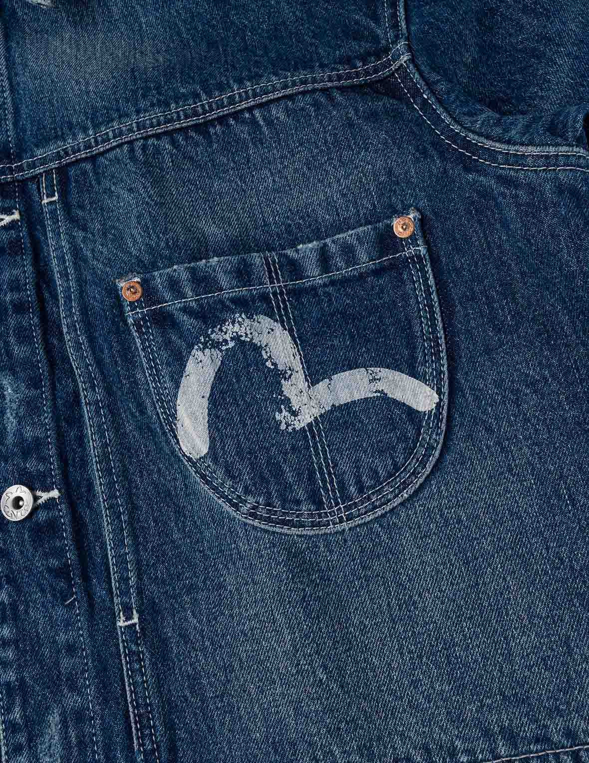 Distressed Seagull Print Relax Fit Vintage Washed Denim Jacket - 7