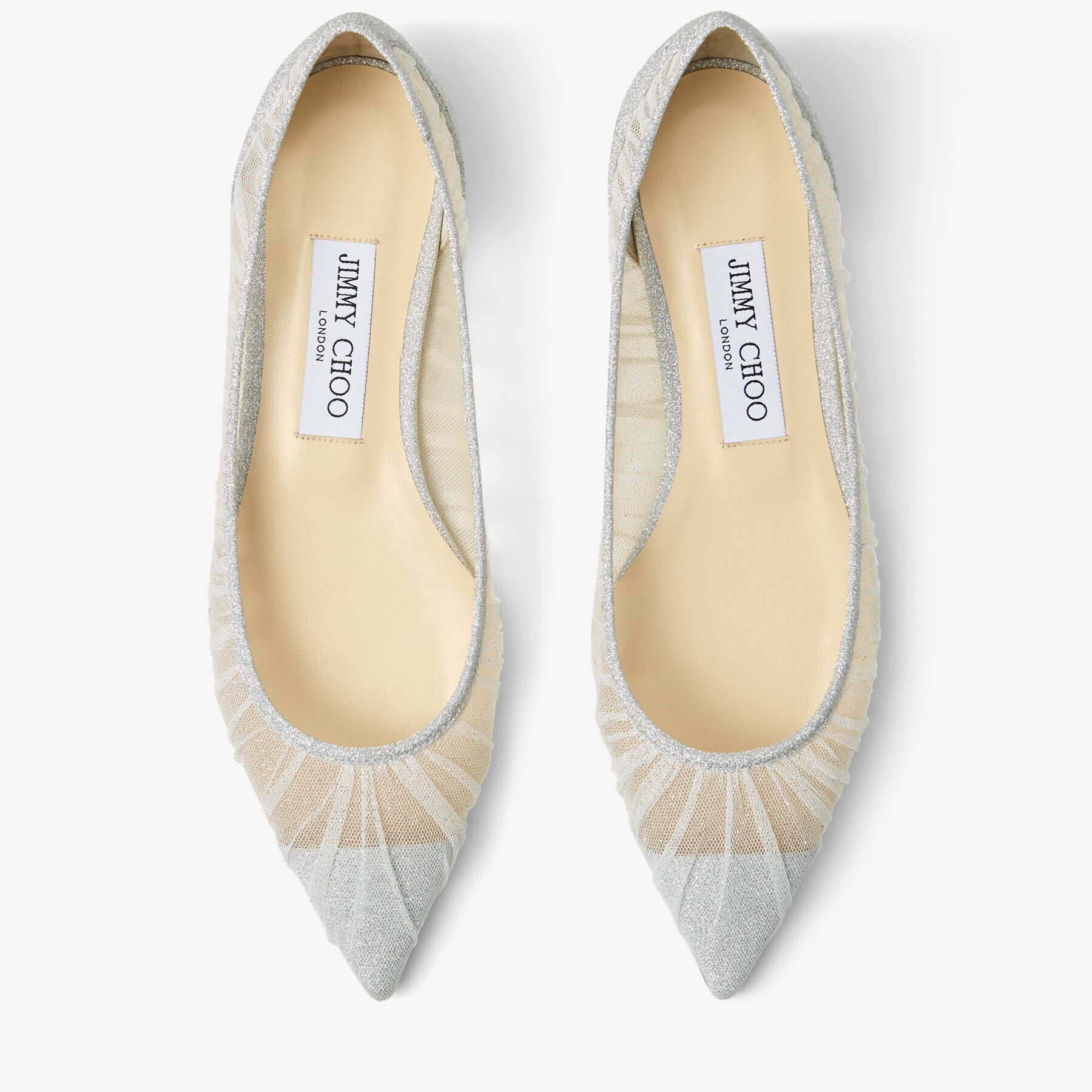 Love Flat
Metallic Silver Glitter Fabric Flats with Ivory Tulle Overlay - 5