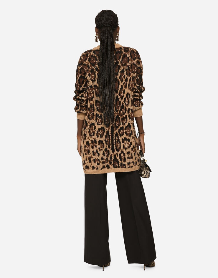 Long wool and cashmere cardigan with jacquard leopard design - 3