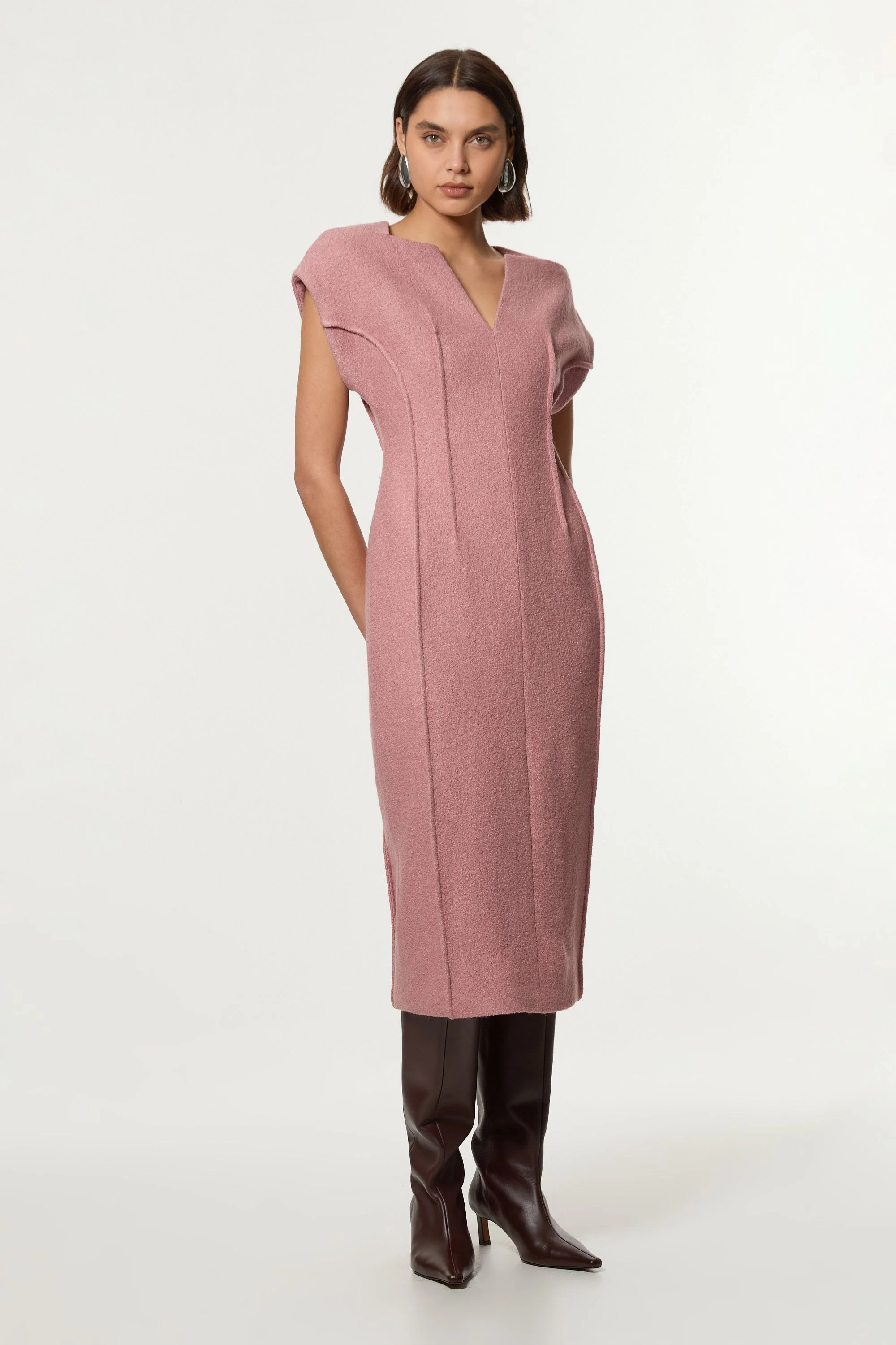 Textured Wool Blend Darted Tailored Midi Dress - 1