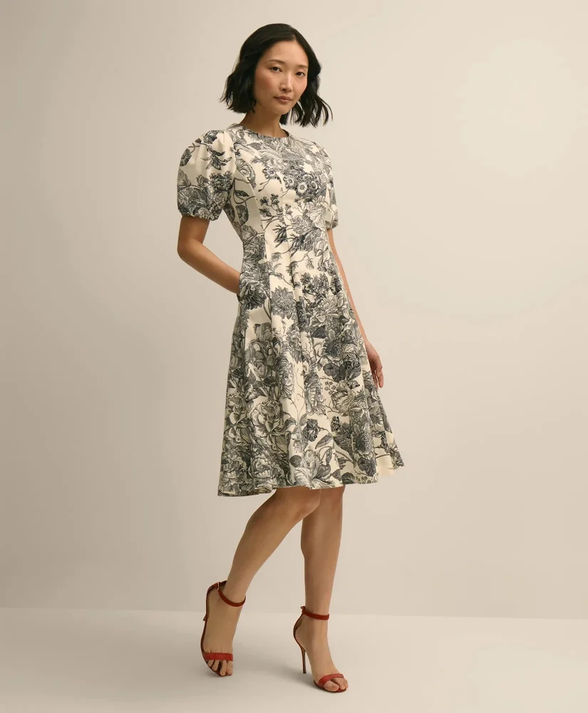 Cotton Blend Puff-Sleeve Floral Print Dress - 1
