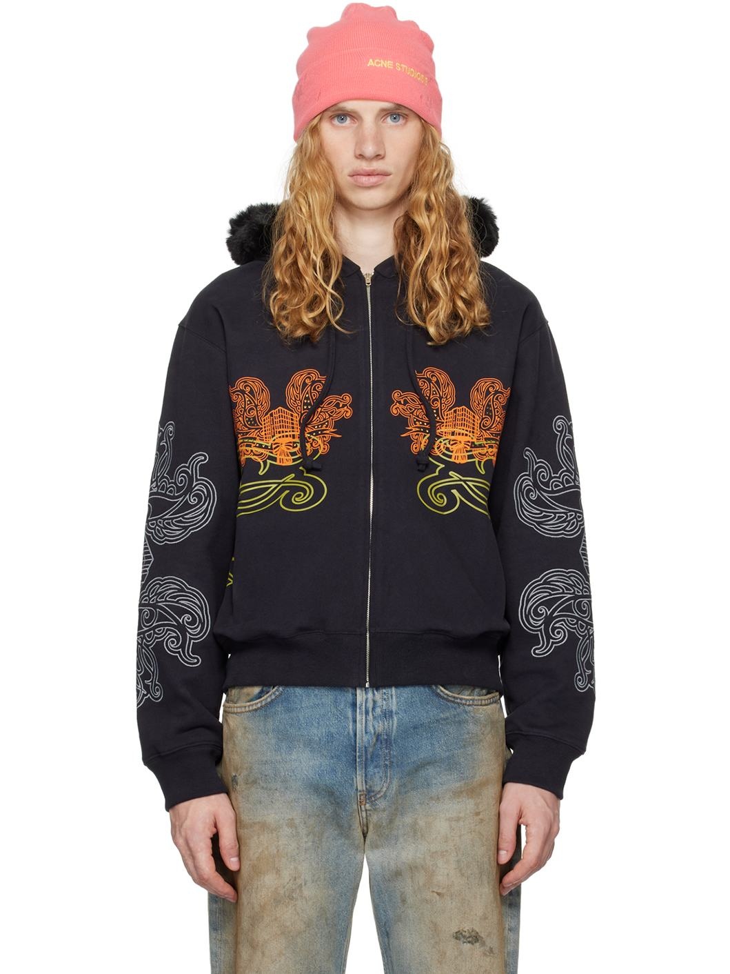 Black Printed Zip Hoodie - 1