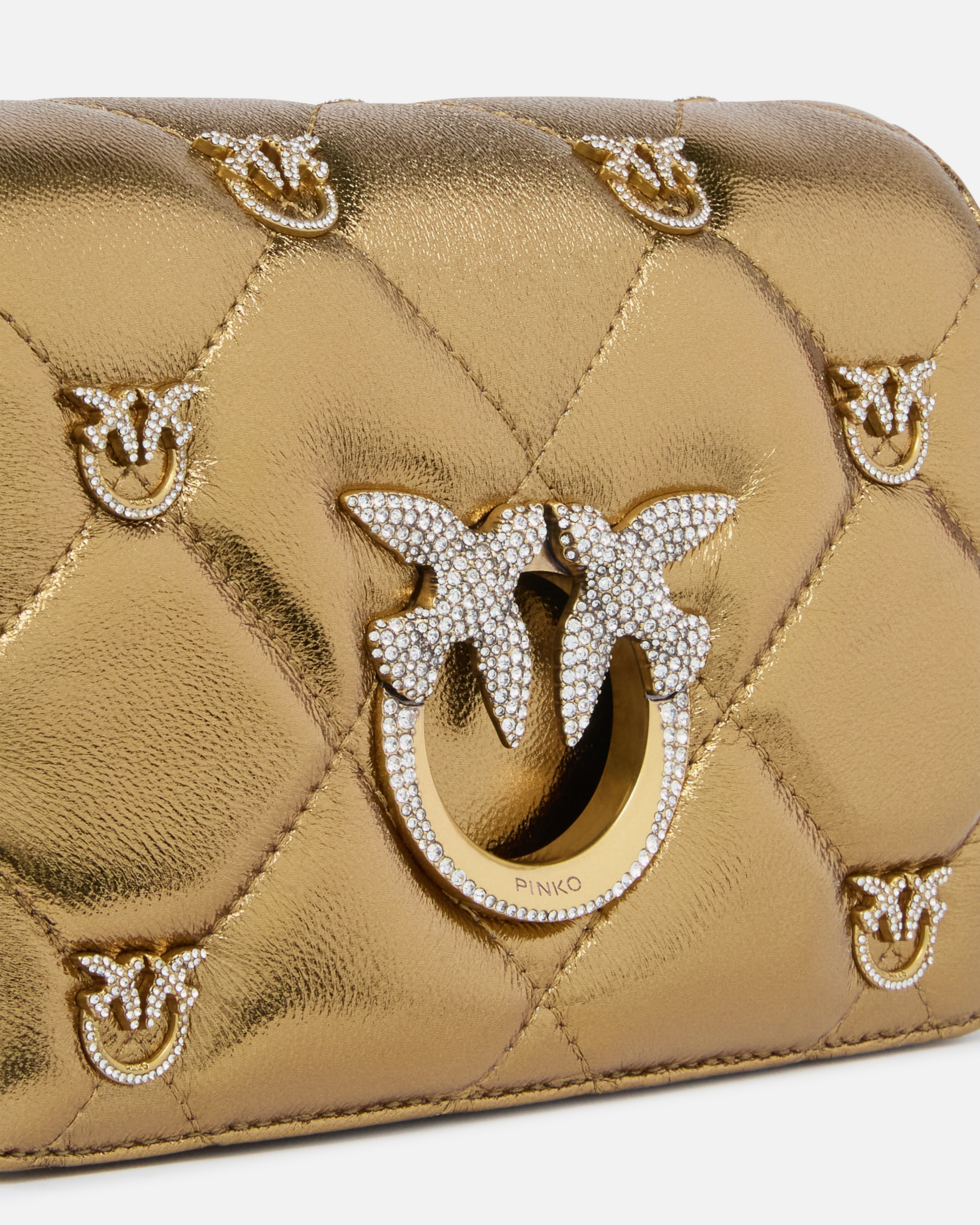 GOLDEN QUILTED HANDBAG LOVE BAG BIRDS PINKO GALLERIA - 3