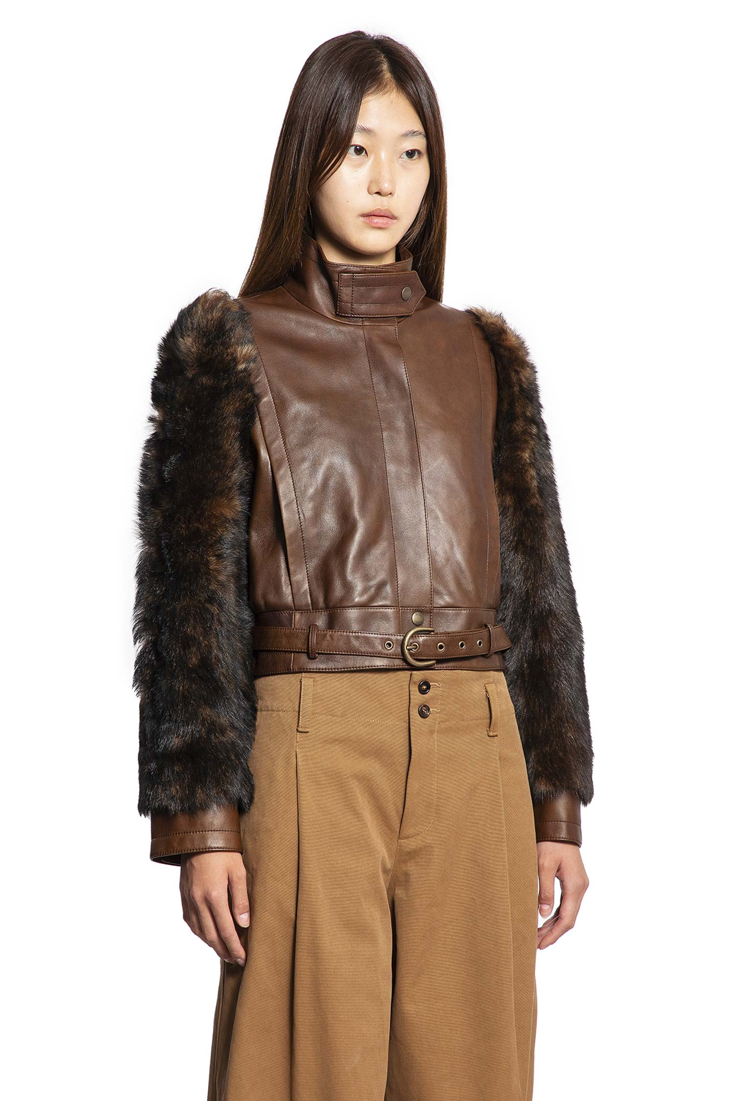 High-neck Short Jacket In Leather - 3
