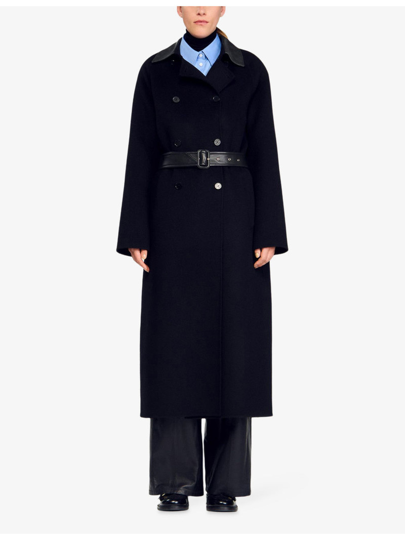 Sandro Leather-Collar Double-Breasted Wool Coat outlook