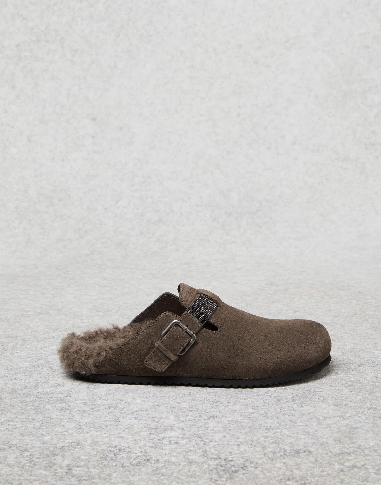 Suede clogs with shearling lining and precious strap - 5