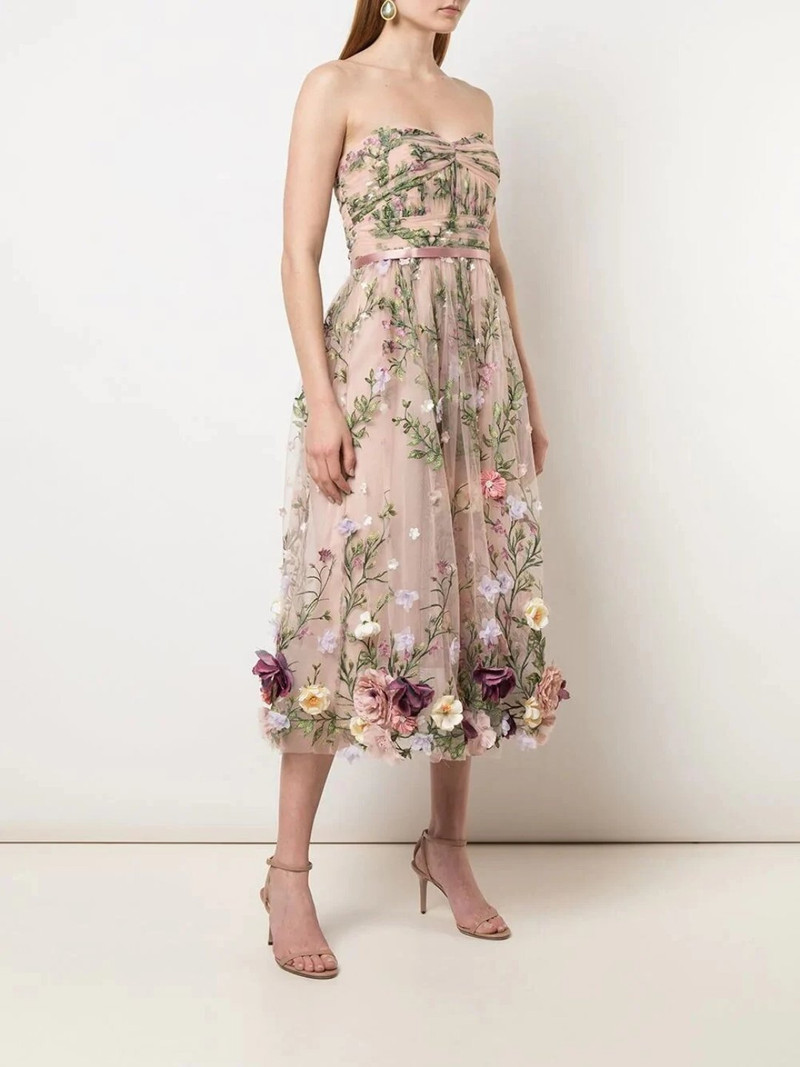 Marchesa STRAPLESS 3D FLORAL EMBROIDERED TEA-LENGTH MIDI DRESS outlook