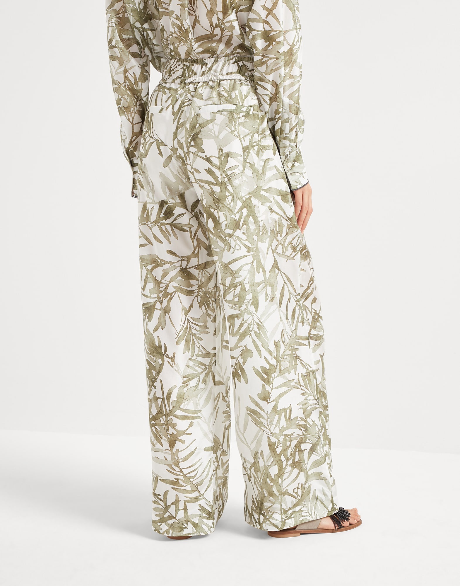 Silk herbarium print pongee pyjama-style loose trousers - 2