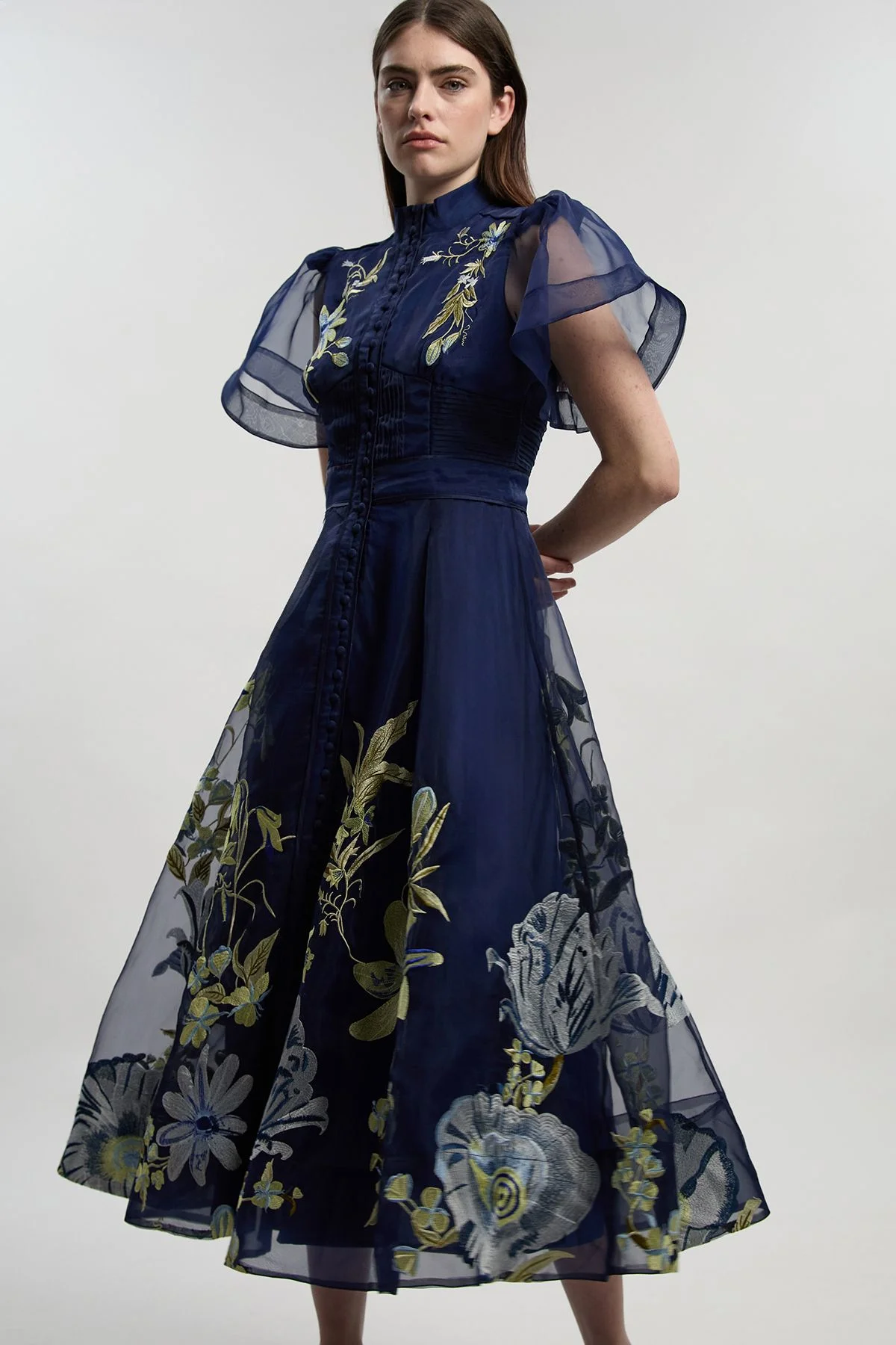 Botanical Embroidery Organdie Angel Sleeve Midi Dress - 1