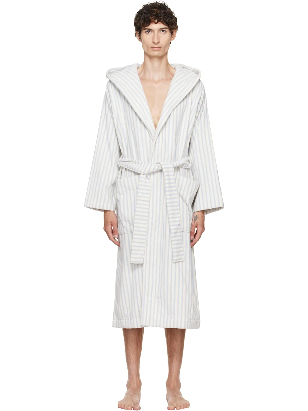 White & Blue Terry Hooded Bathrobe - 1