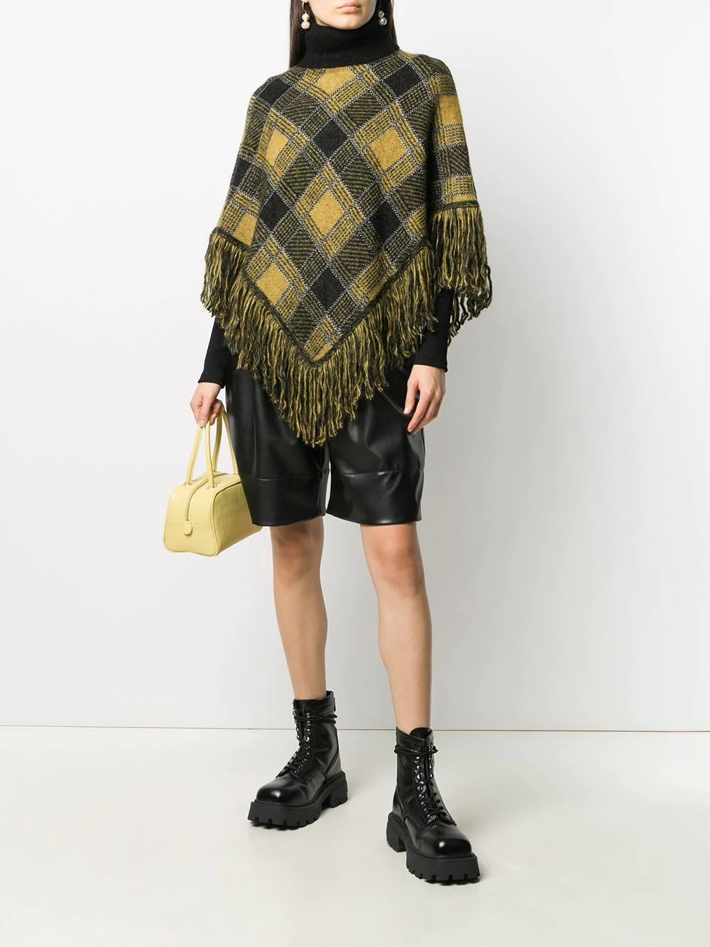 check-print frayed poncho - 2