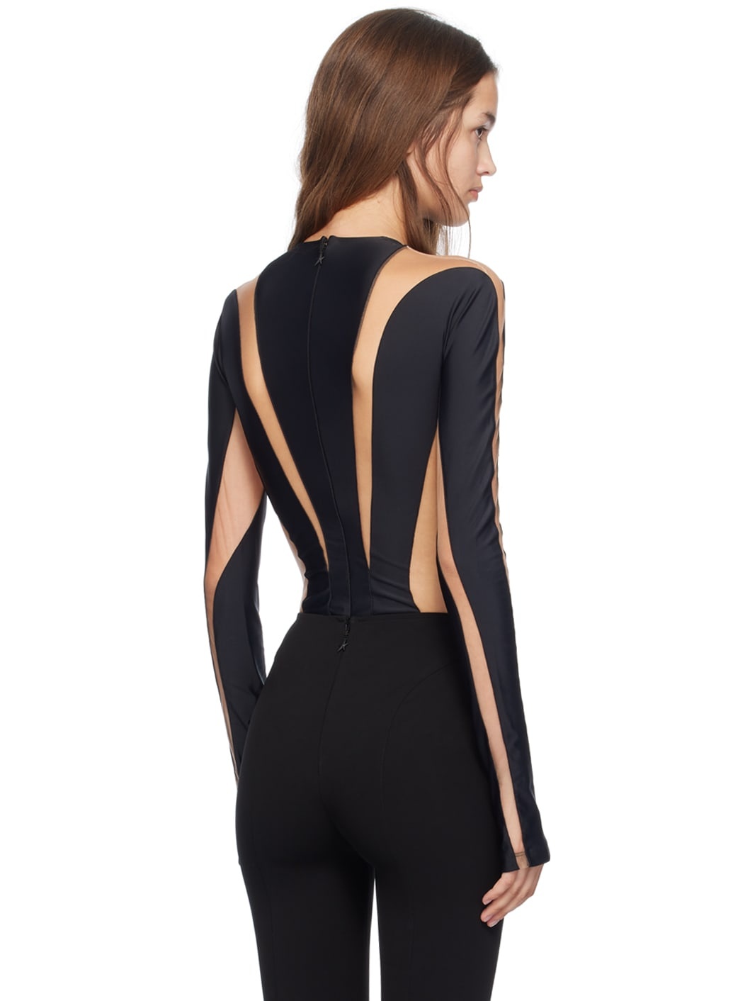 Black & Beige Paneled Bodysuit - 3