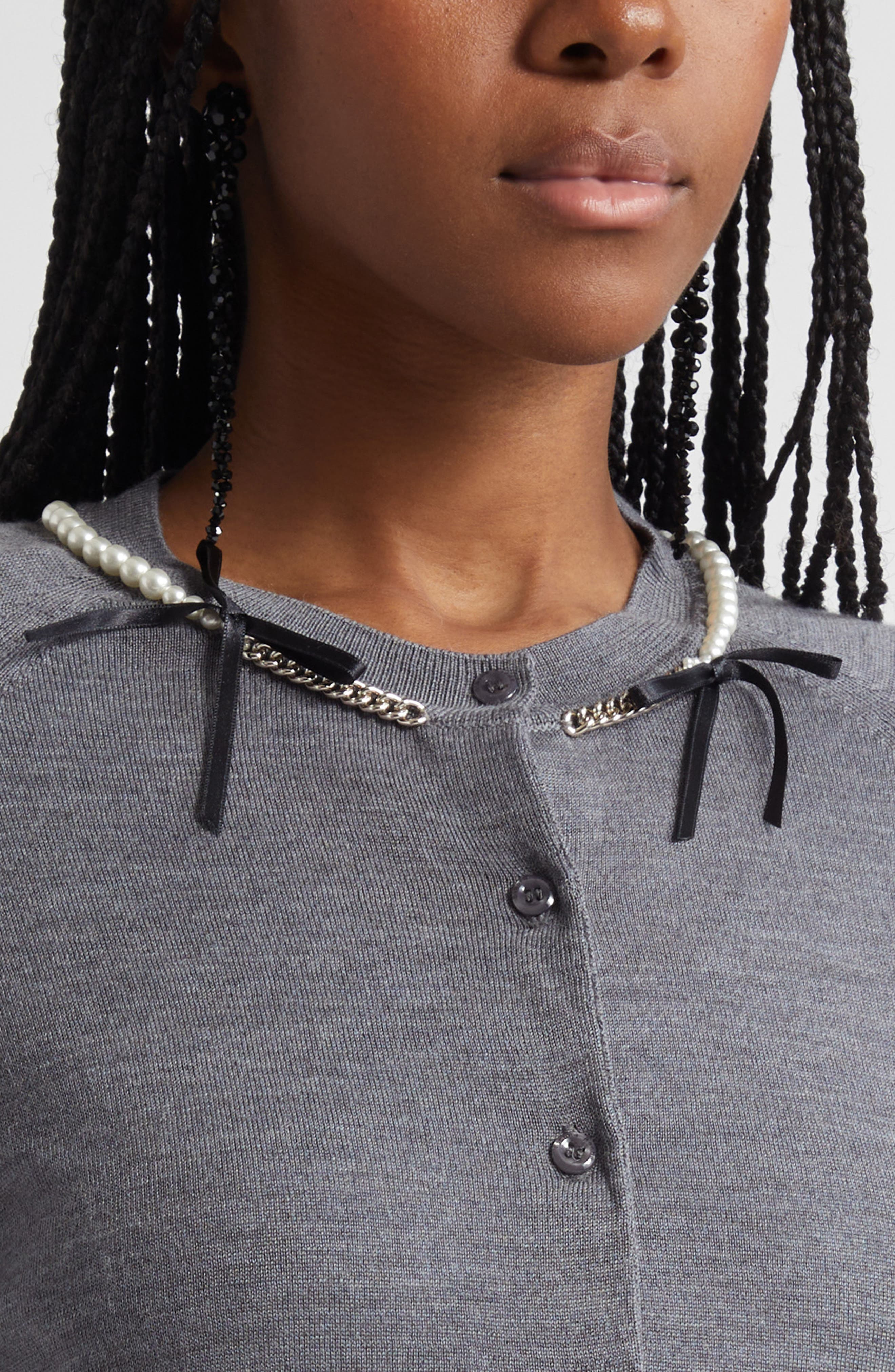 Simone Rocha Classic Long Sleeve Merino Wool & Silk Cardigan with Faux Pearl Detail in Charcoal/Pear - 5