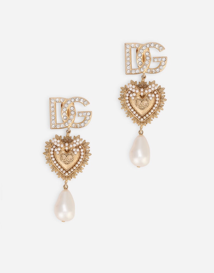 Clip-on drop earrings with decorative sacred heart, DG logo and pearl details - 1