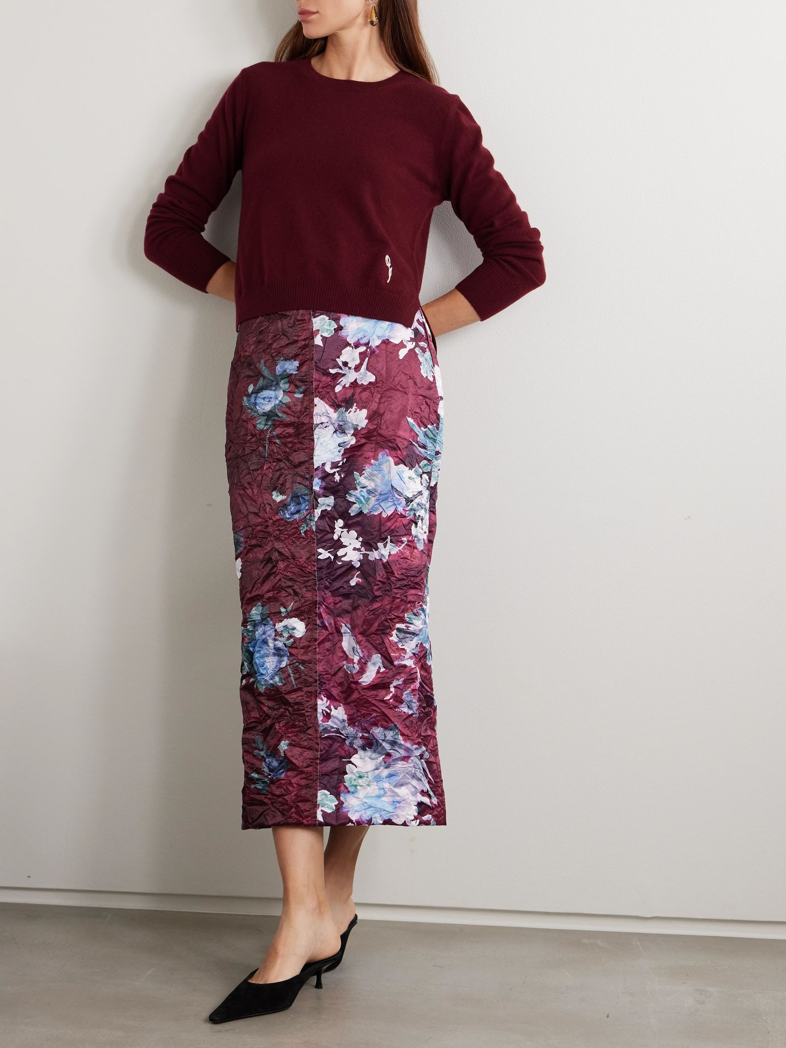 Floral-print crinkled duchesse-satin midi skirt Burgundy - 2