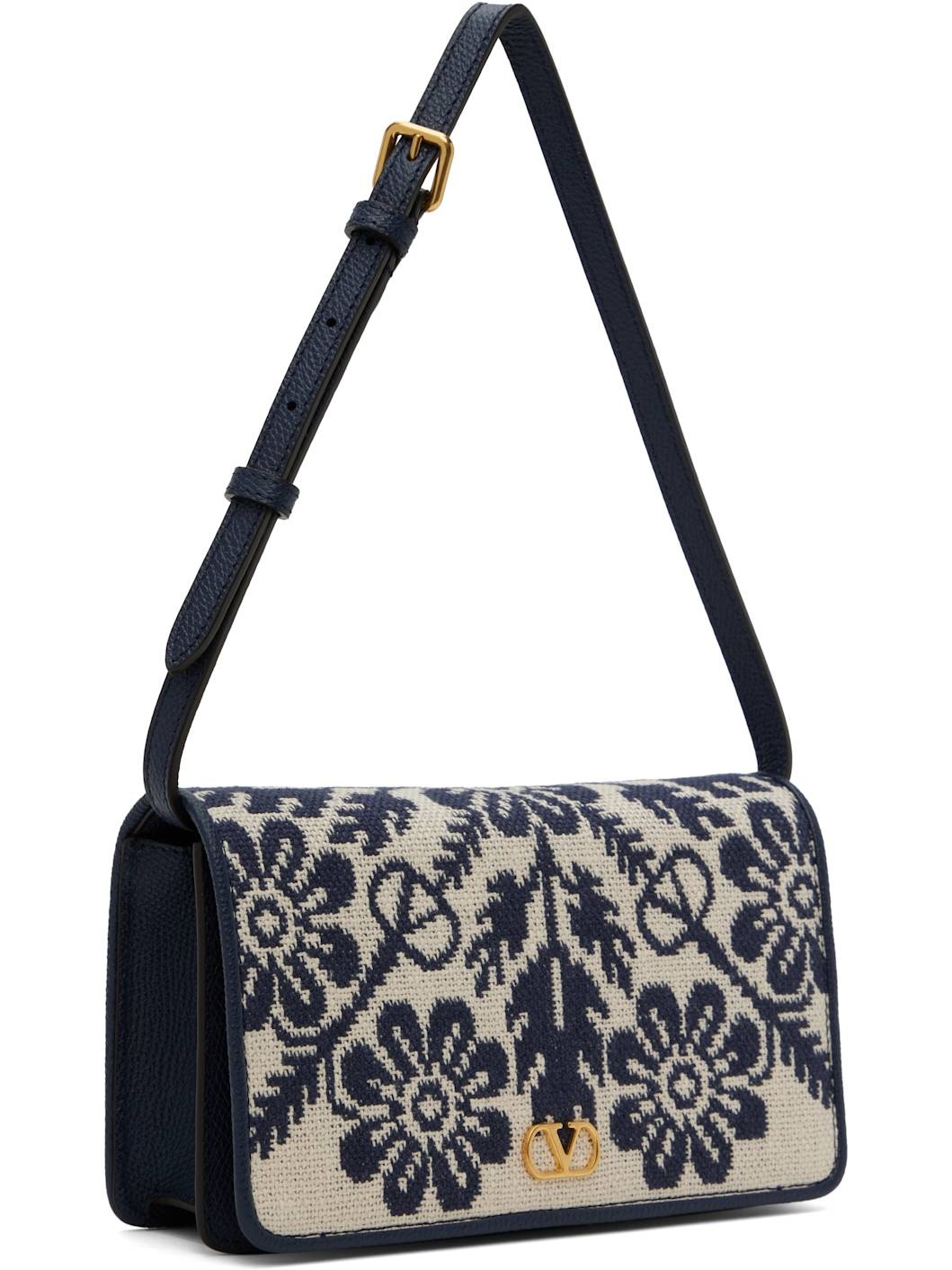 Beige & Navy VLogo Signature Jacquard Flowers Bag - 2