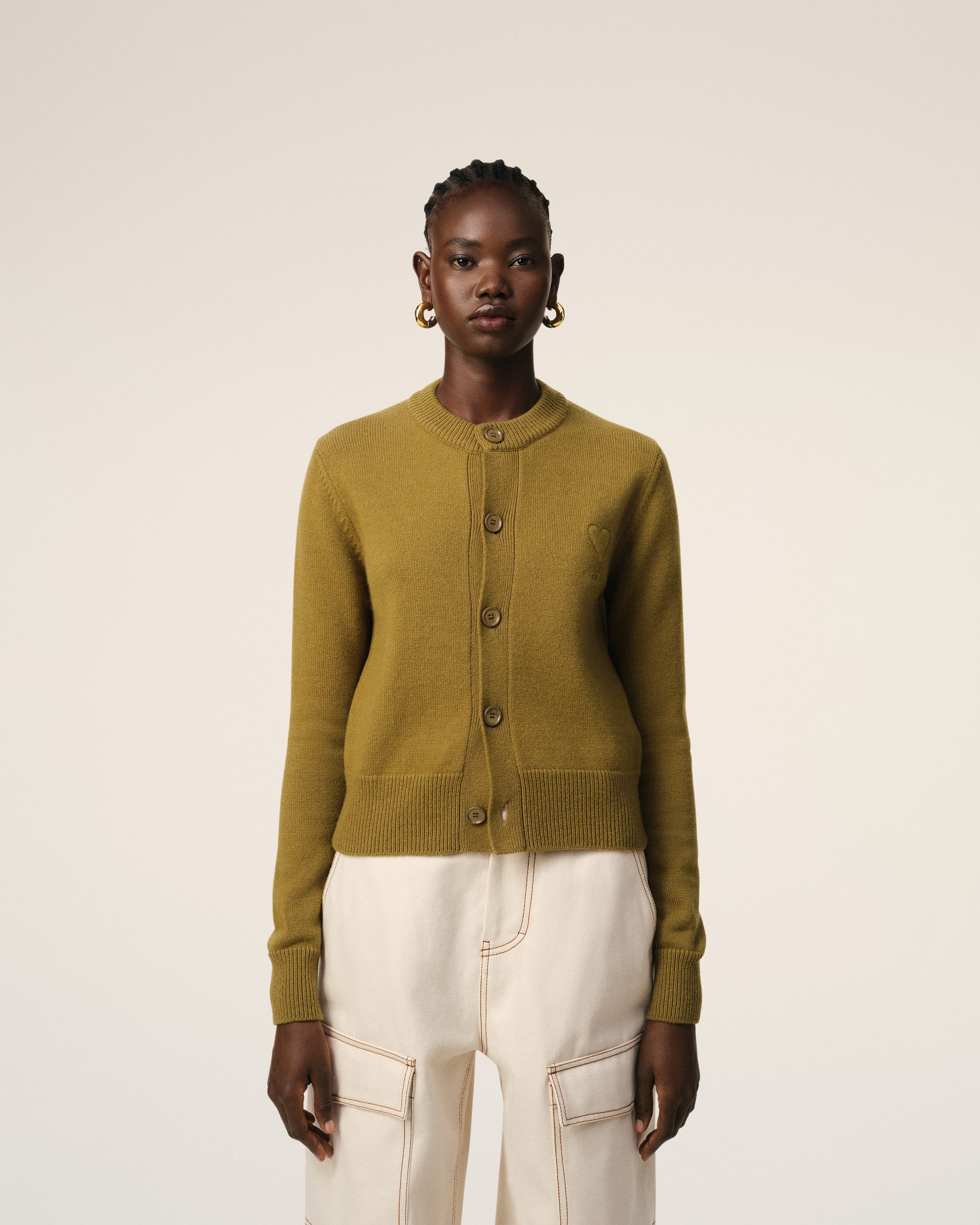 KHAKI WOOL KNIT AMI DE COEUR CREWNECK CARDIGAN - 3