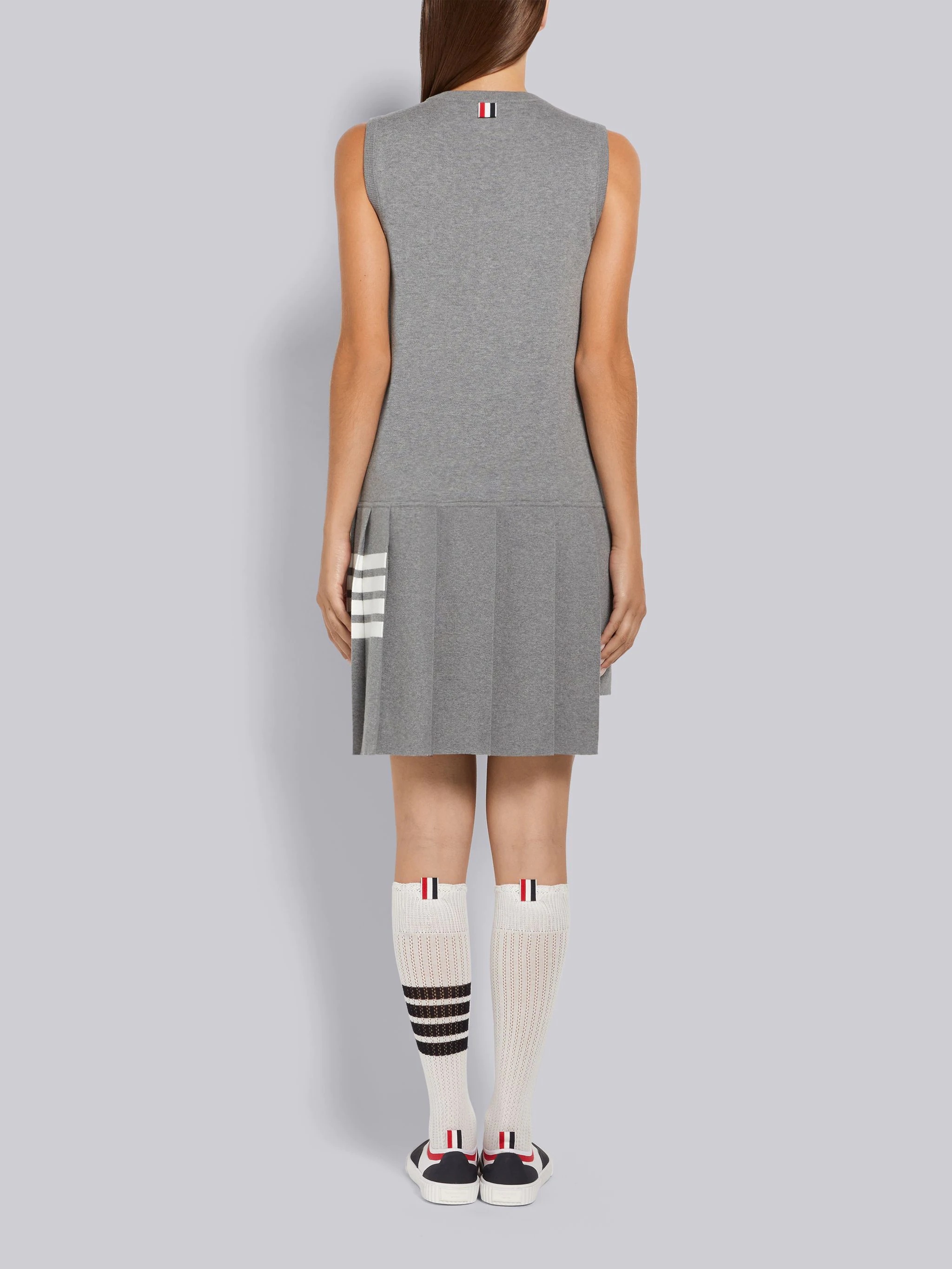 Light Grey Jersey Stitch Cotton 4-Bar Pleated Bottom Sleeveless Mini Dress - 3