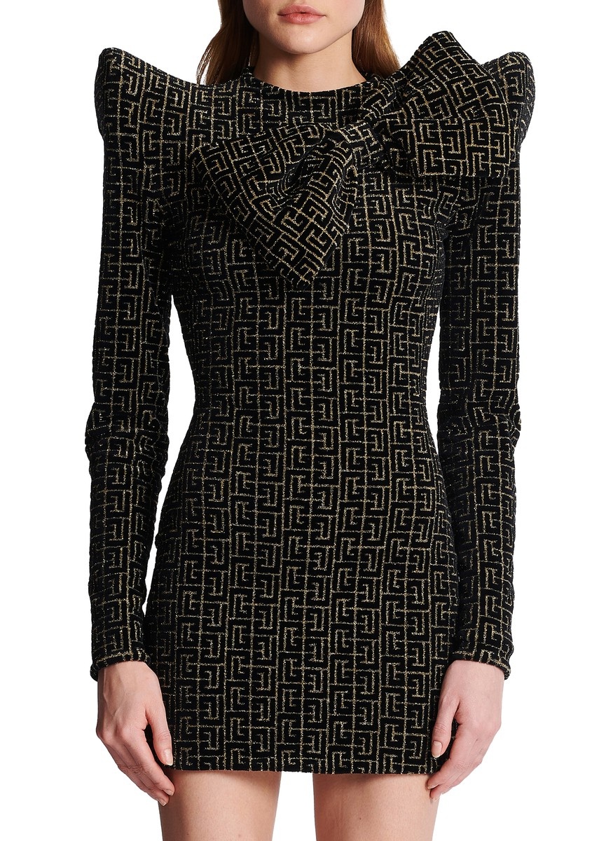 Structured dress with knotted collar in monogrammed jacquard - 2