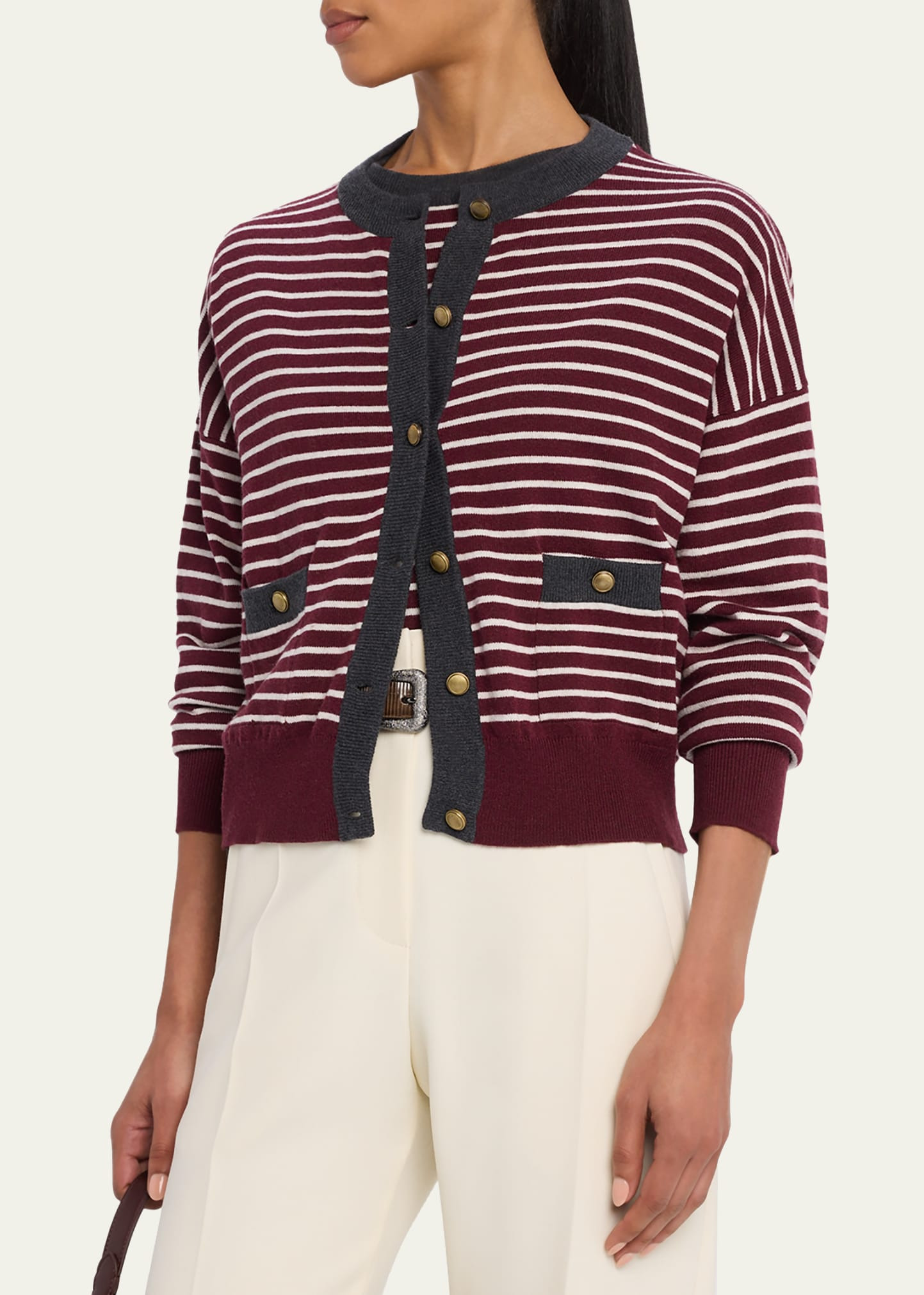 Striped Wool-Cashmere Crewneck Cardigan - 4