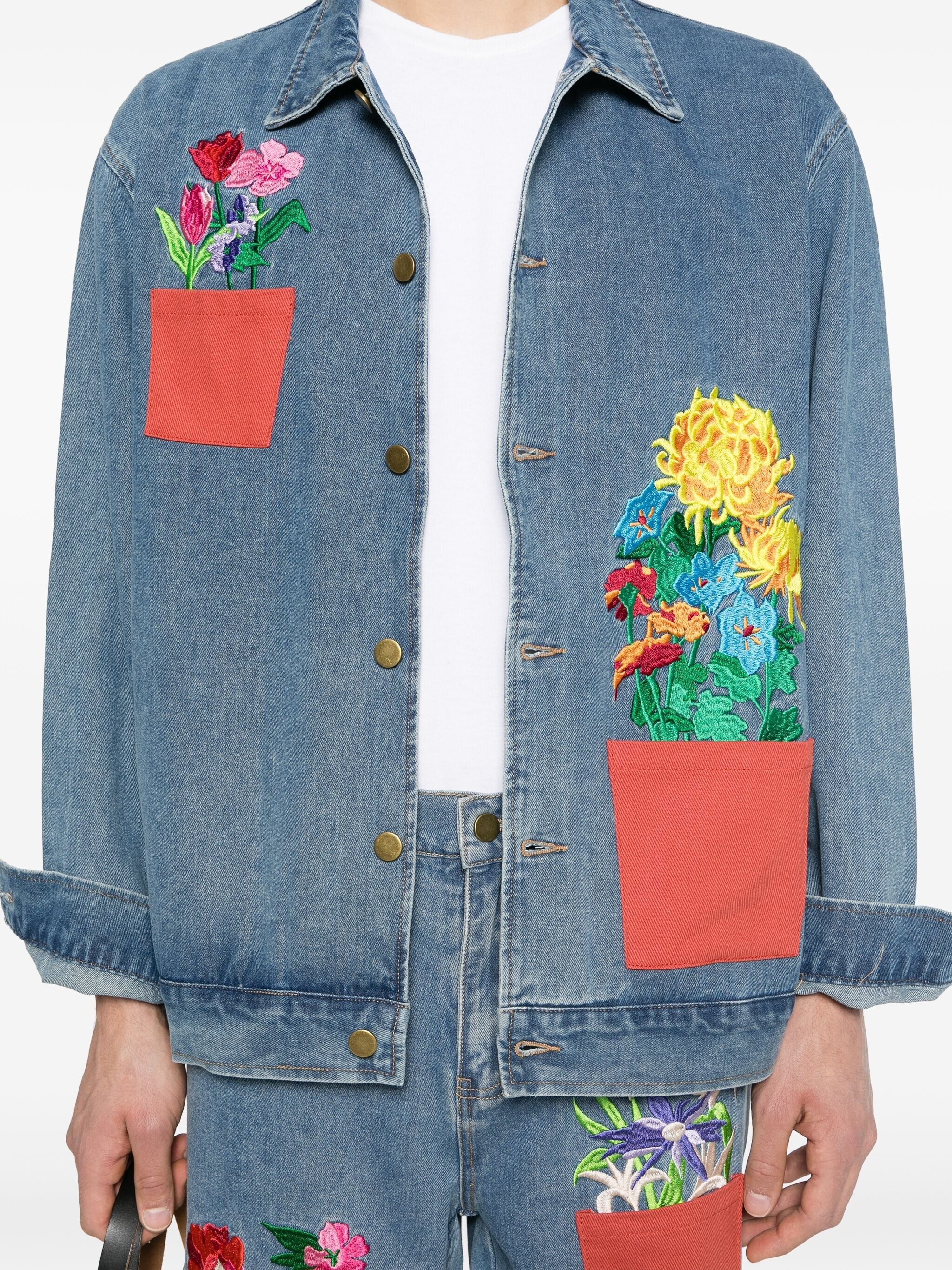 floral-embroidered denim jacket - 5