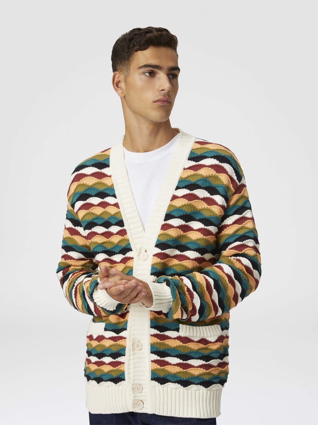 Cotton-blend cardigan with wave pattern and contrasting piping - 4