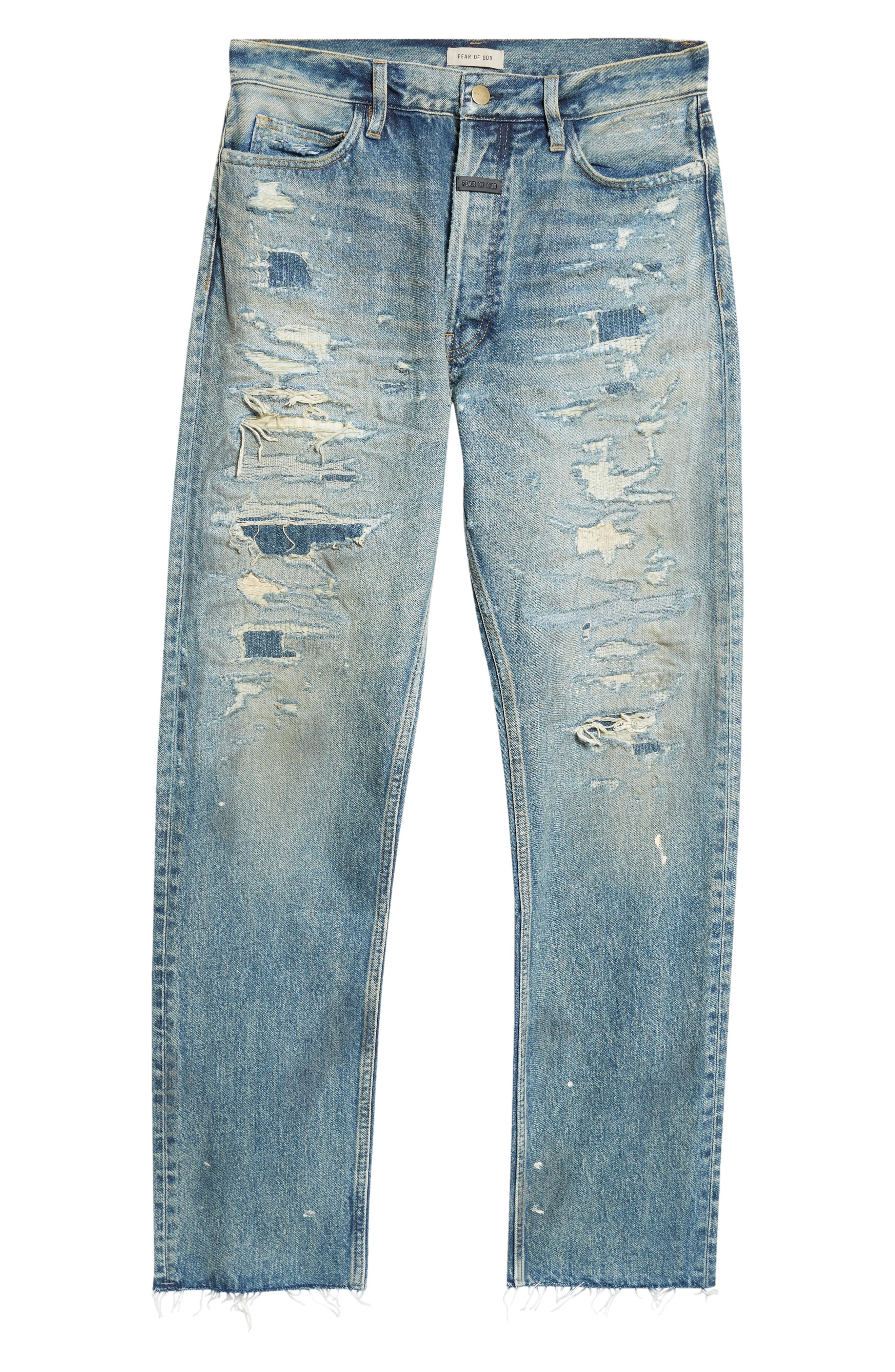 Fear of God Distressed Straight Leg Jeans in Reparied Vintage Indigo at Nordstrom - 6