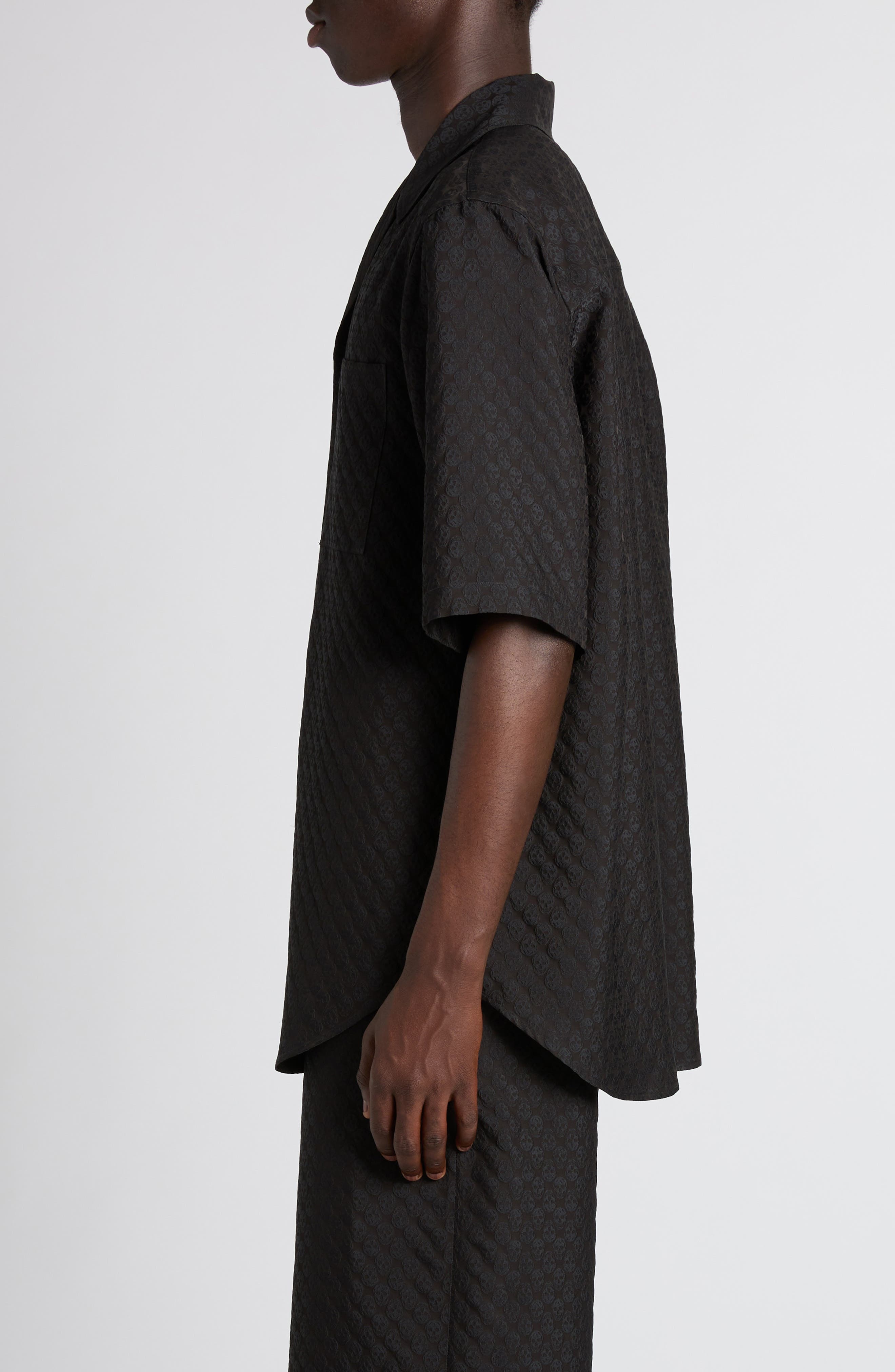 McQueen Skull Jacquard Satin Camp Shirt in Black/Black at Nordstrom - 4