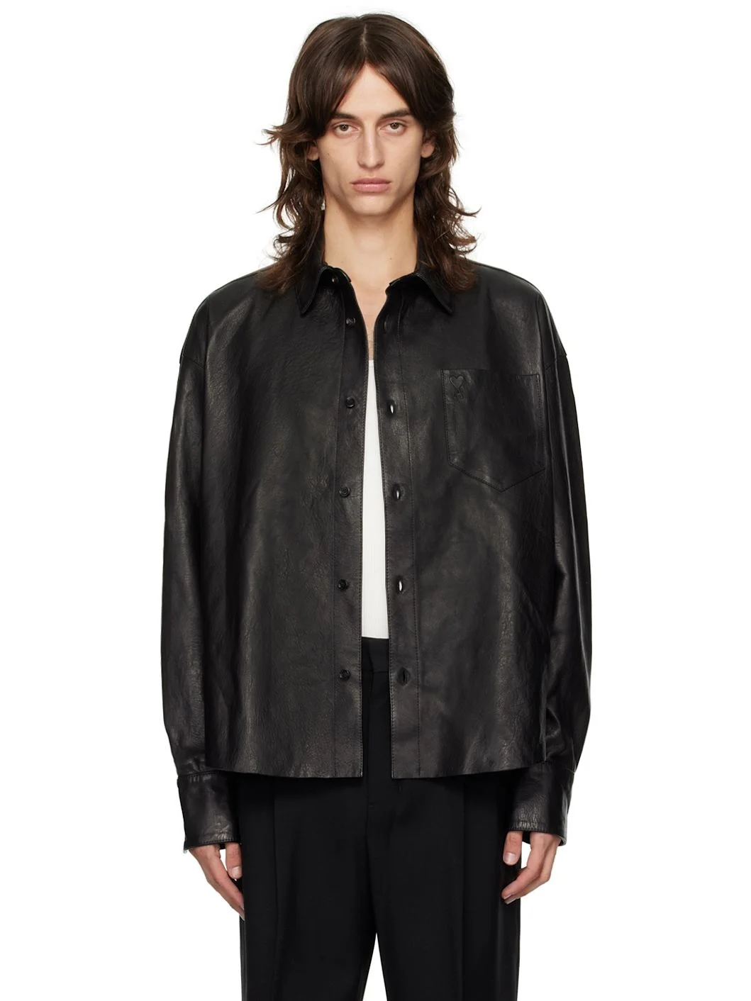 Black Boxy Fit Leather Jacket - 1