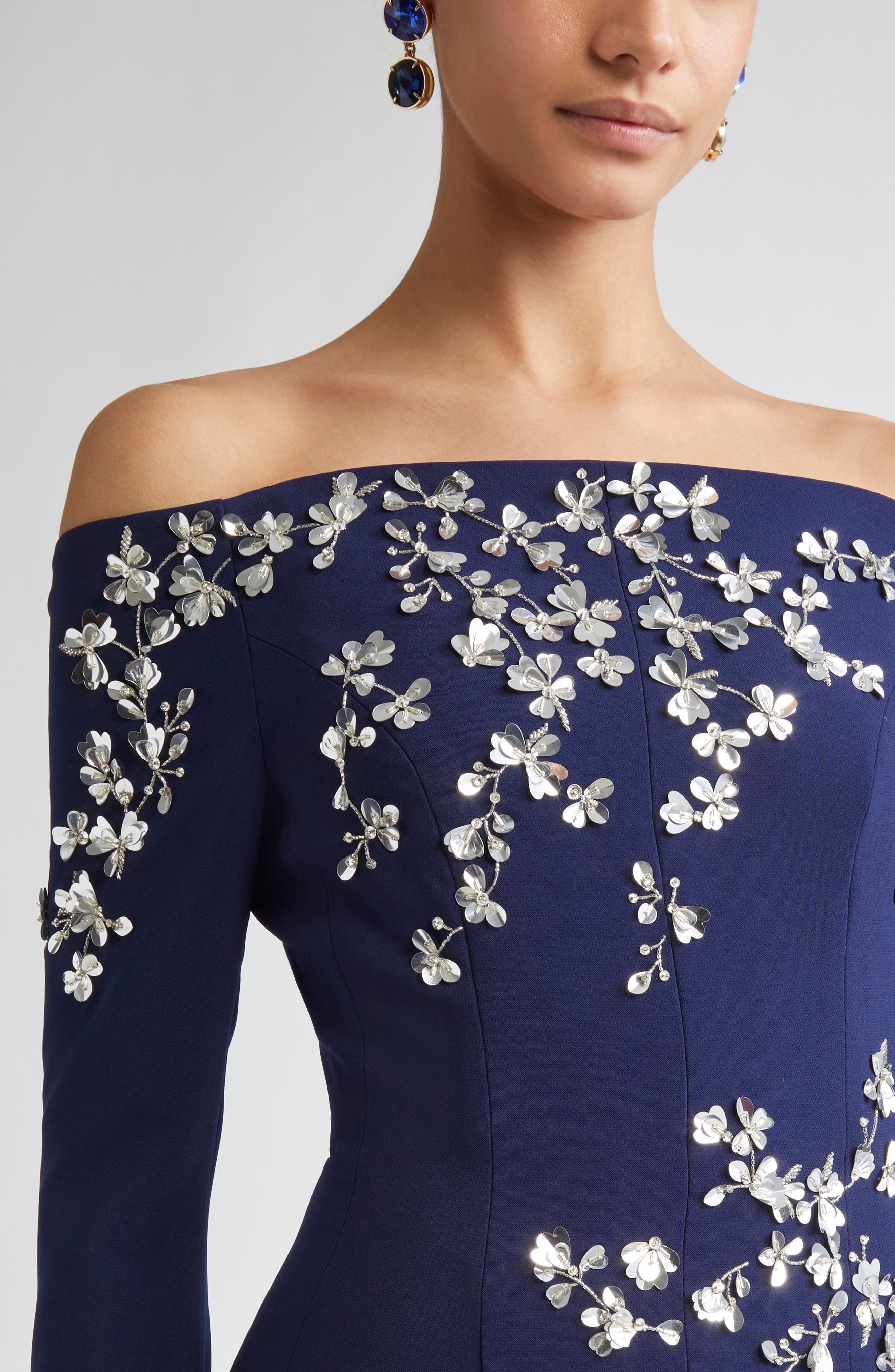 Carolina Herrera Floral Appliqué Off the Shoulder Stretch Crepe Midi Dress in Midnight at Nordstrom - 4