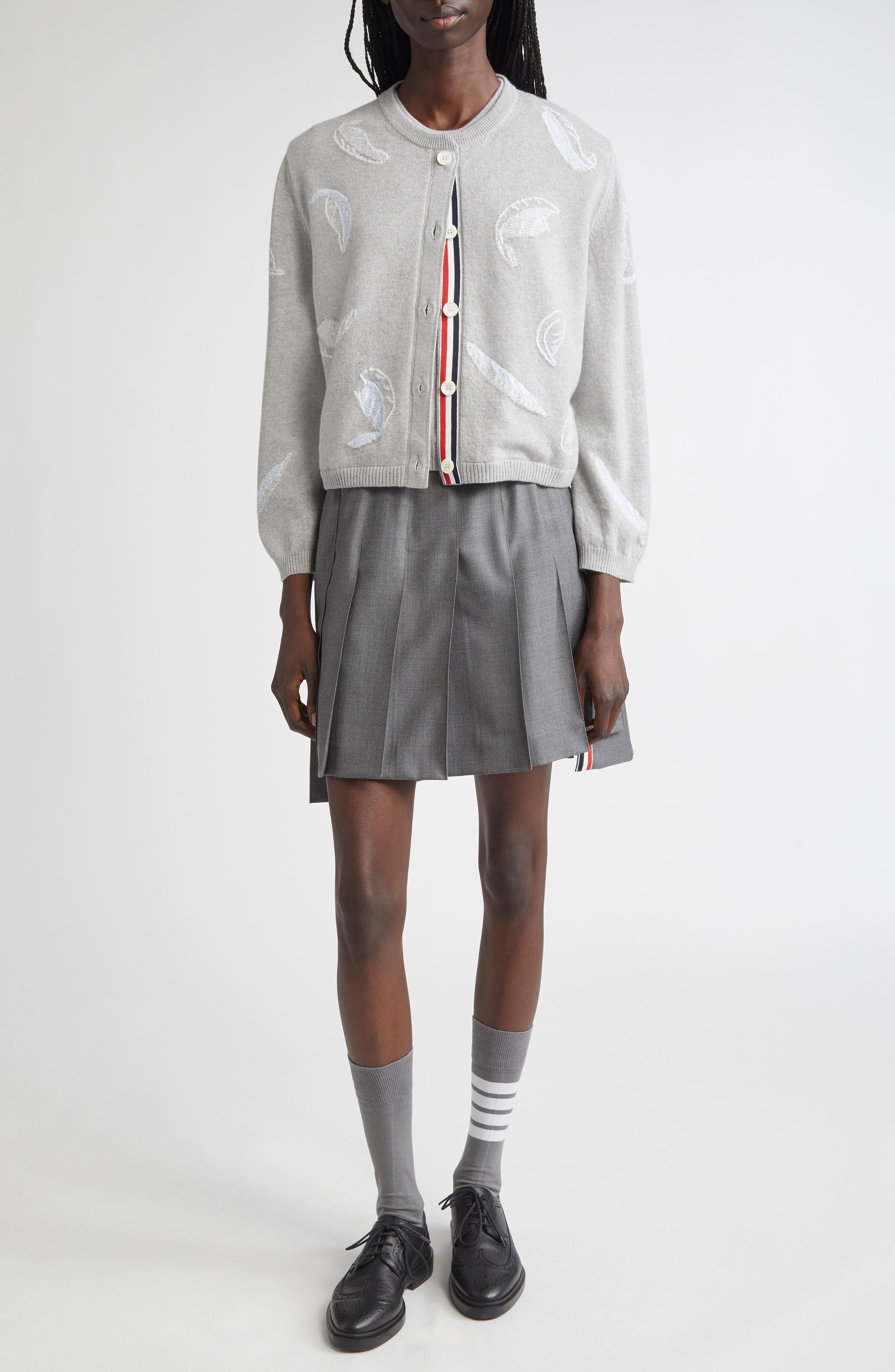 Thom Browne Feather Intarsia Cashmere Cardigan in Pale Grey at Nordstrom - 2