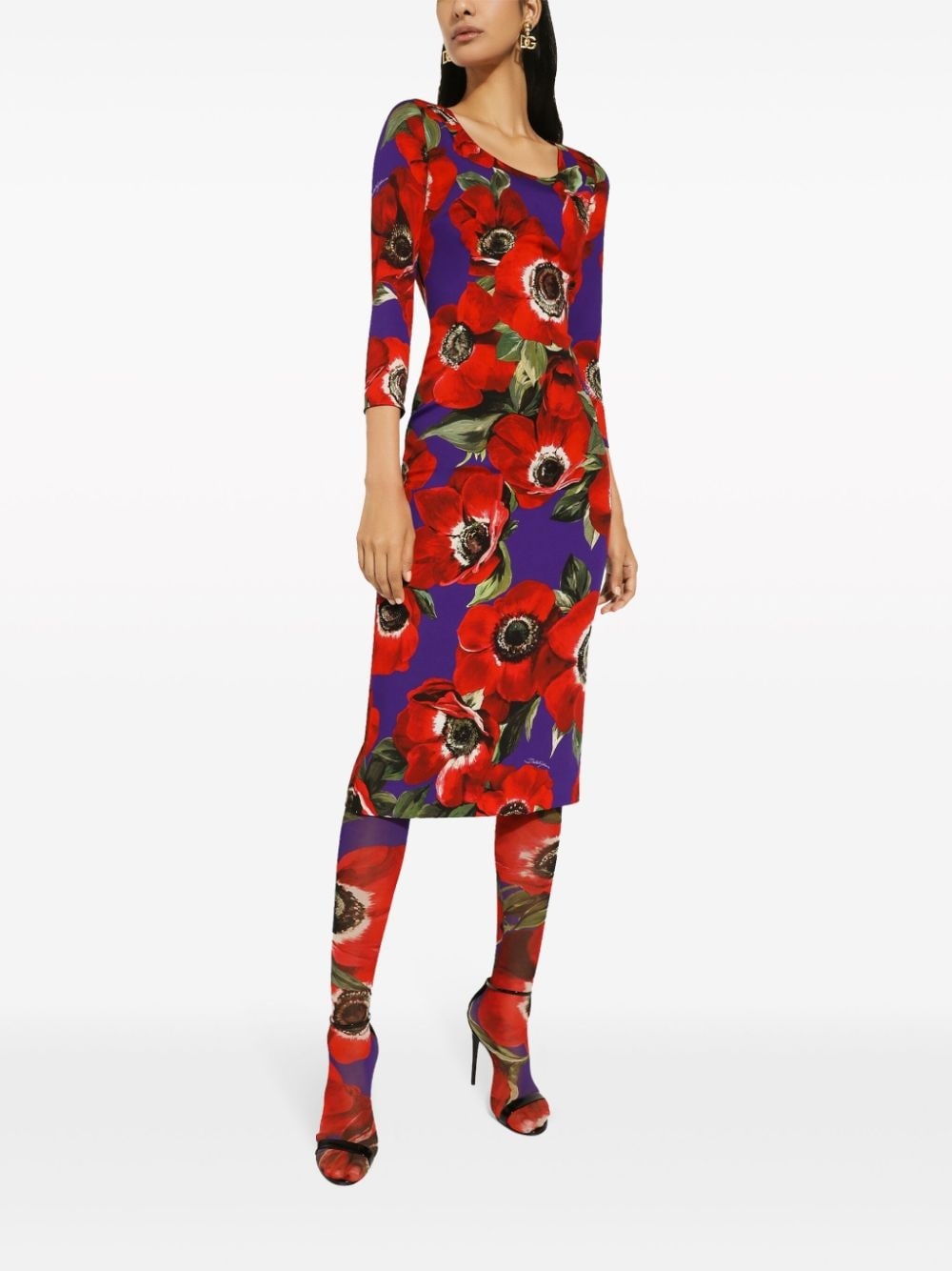 poppy-print round-neck midi dress - 2