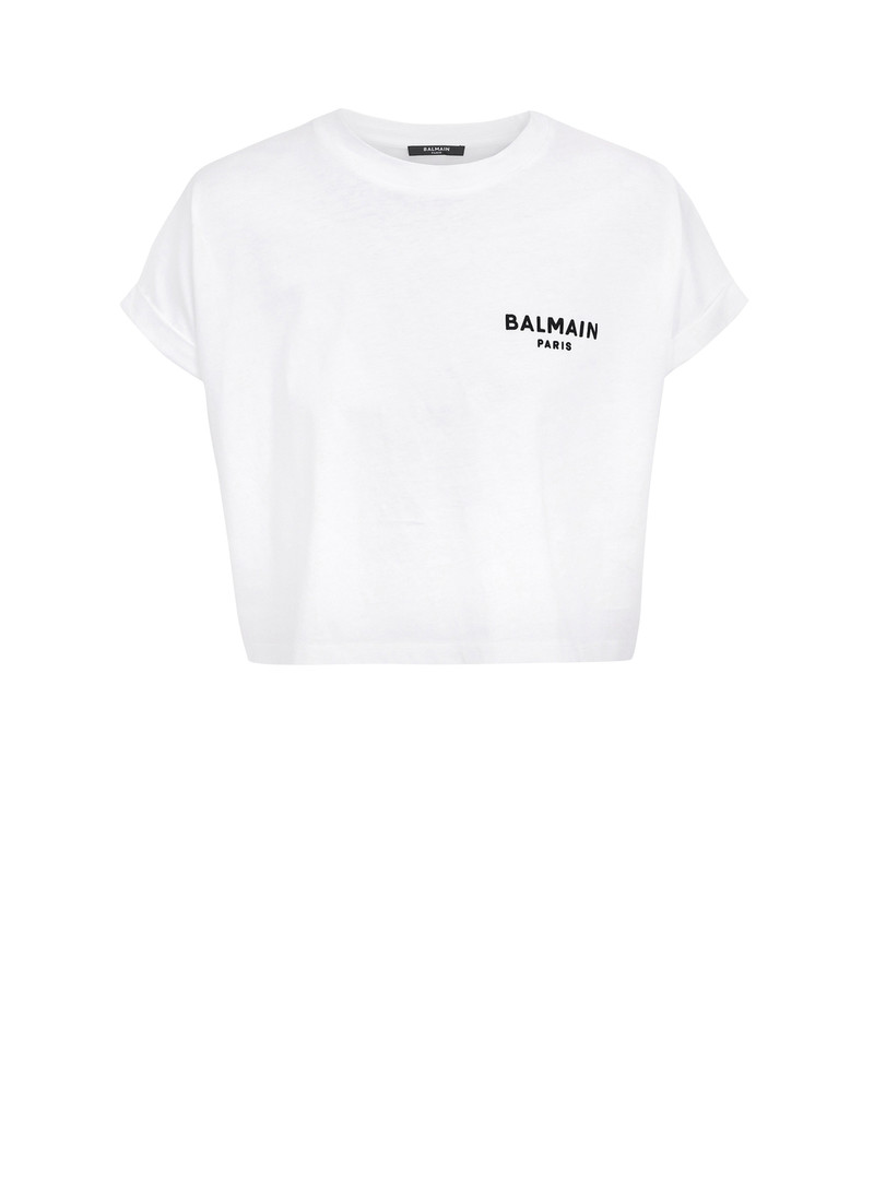 Flocked Balmain Paris cropped T-Shirt 1