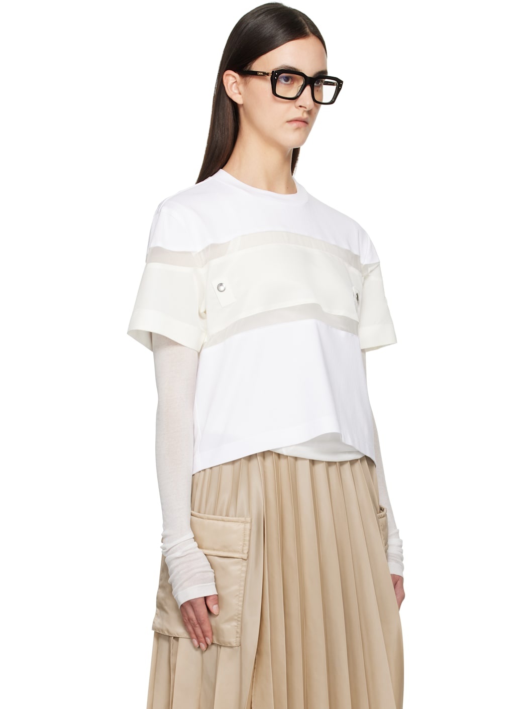 White Nylon Twill Mix Cotton Jersey T-shirt - 2