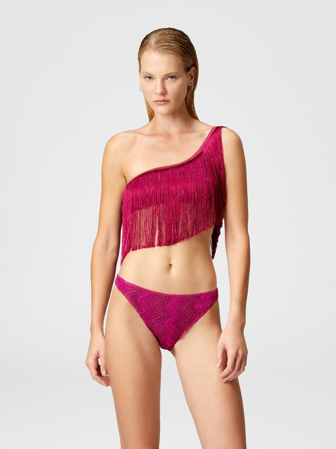 One-shoulder zigzag lamé viscose bikini with fringes - 2