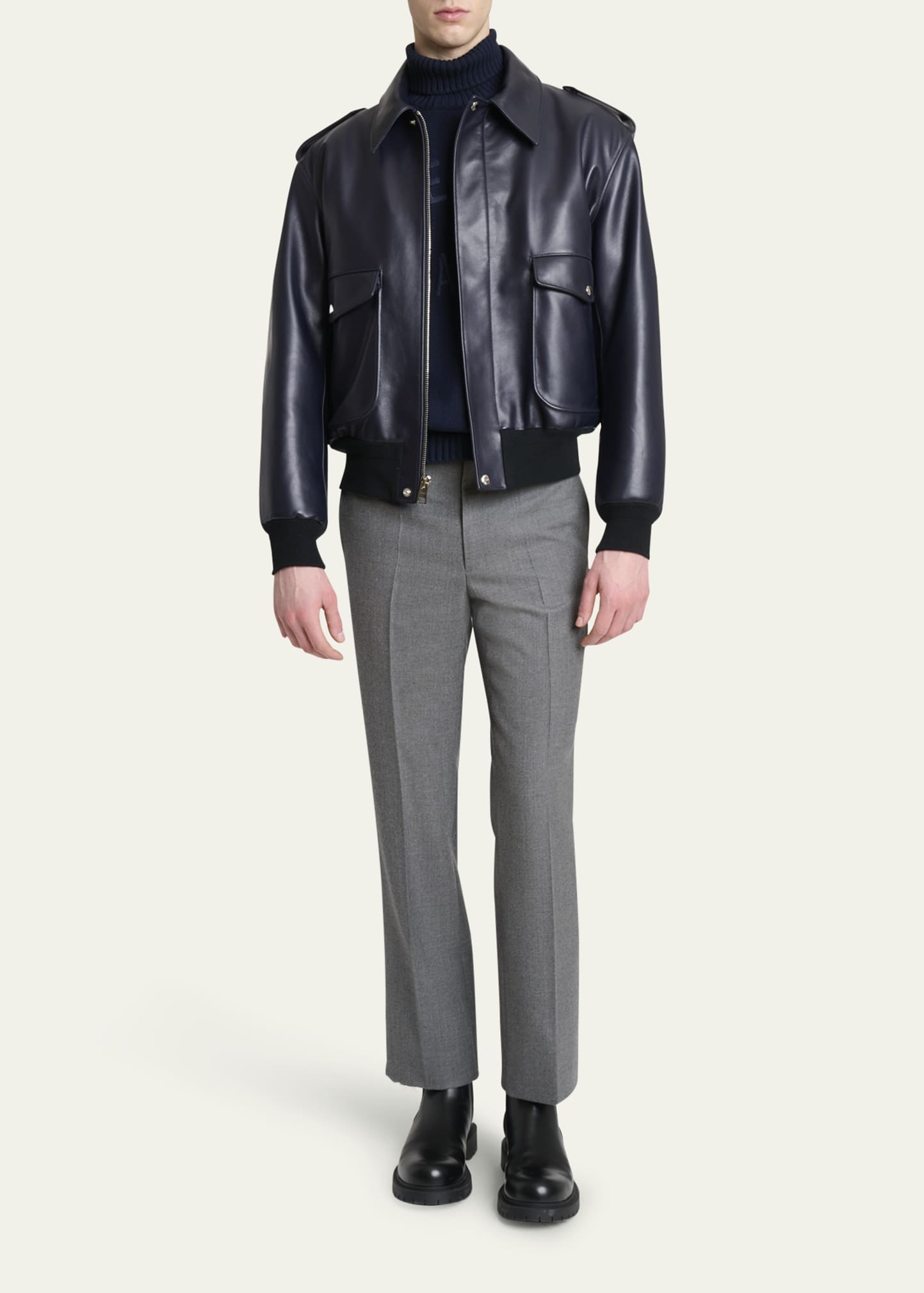 Men's Leather Concealed-Zip Bomber Jacket - 2