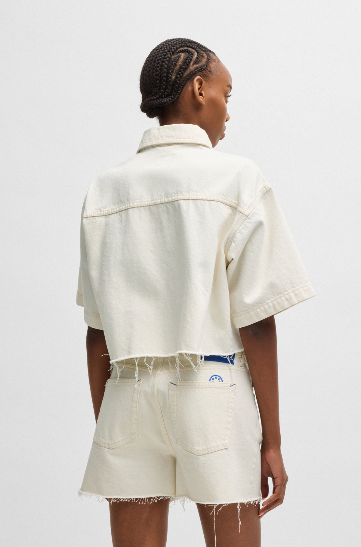 CROPPED ECRU-DENIM BLOUSE WITH RAW HEM - 4