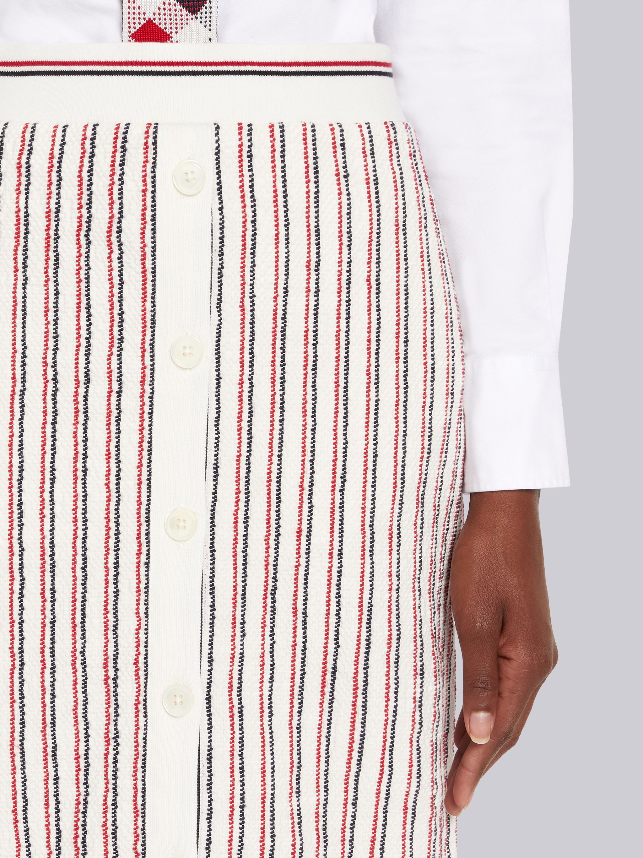 Multicolor Textured Stripe Cotton Tweed Button Placket Knee Length Skirt - 5
